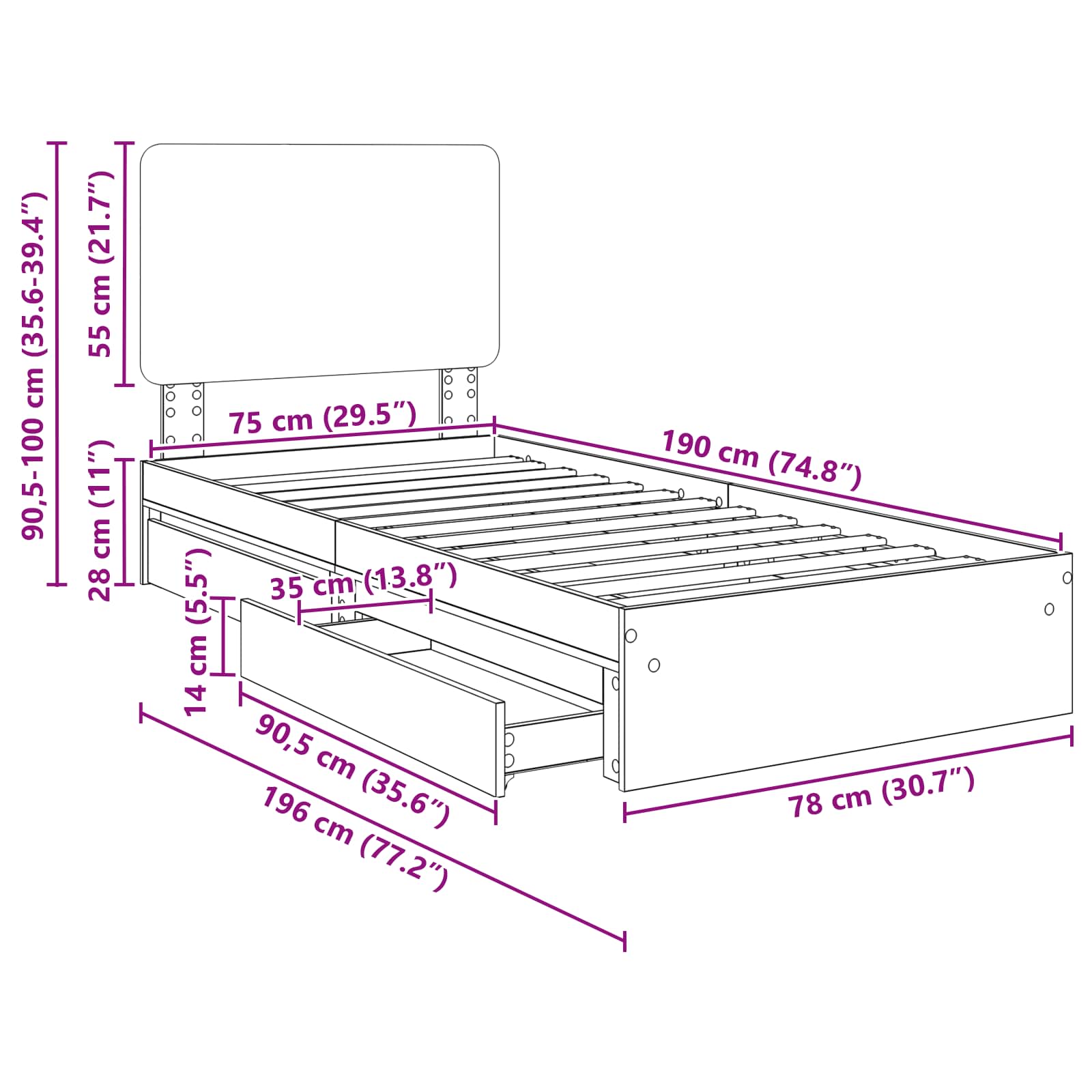 Krevet s od storage Betonski sivi 75 x 190 cm Konstruirano drvo