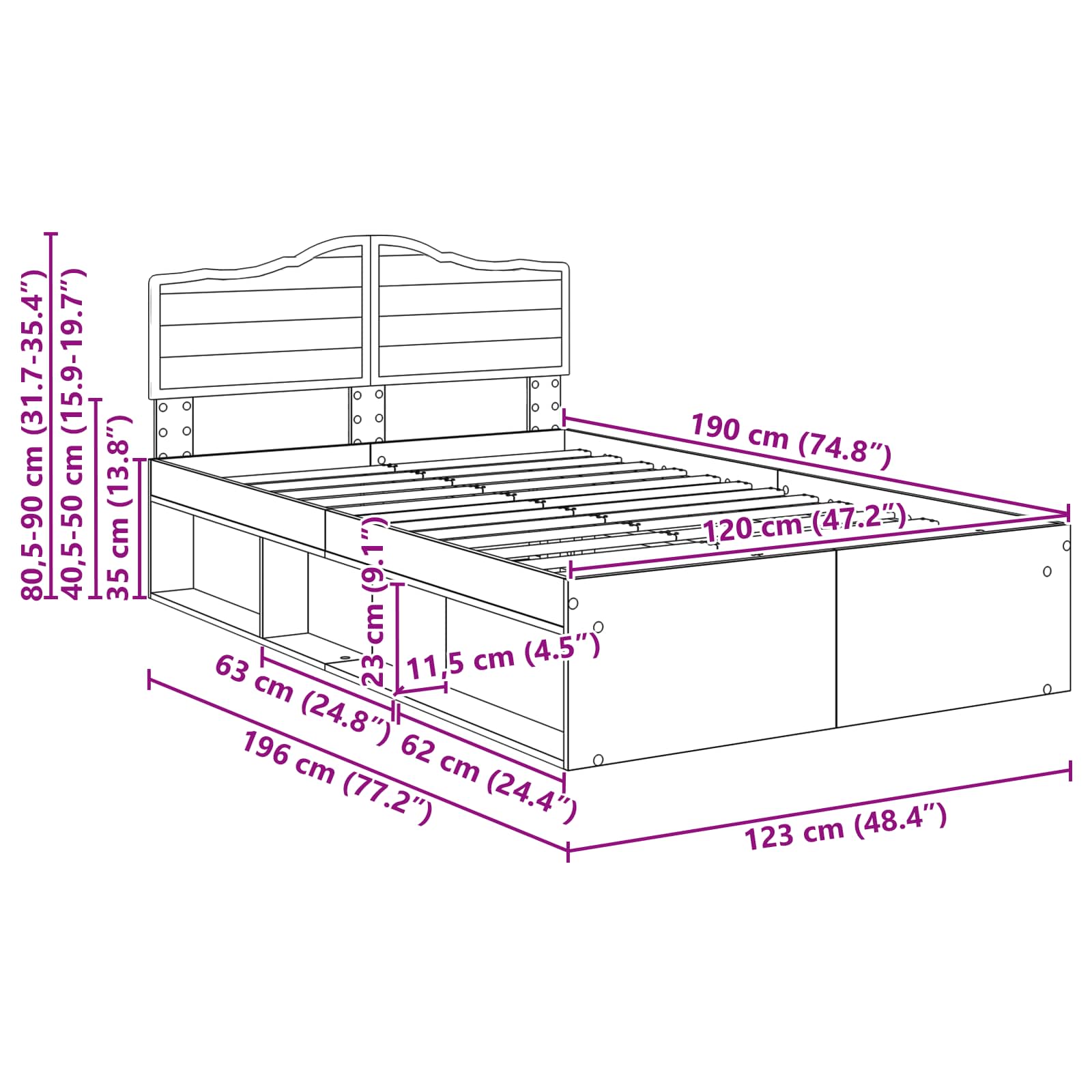 Krevetna konstrukcija Umjetnička hrastovina 120 x 190 cm