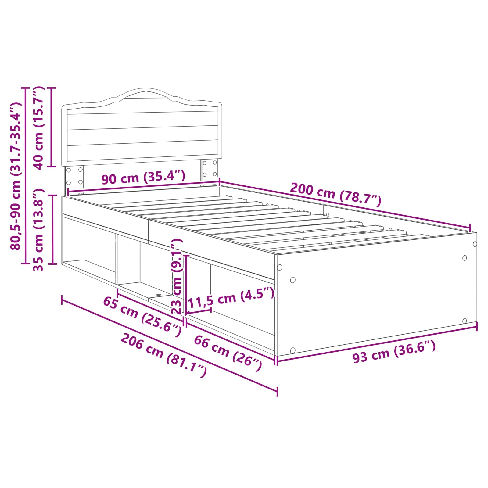 Krevetna konstrukcija Beton 90 x 200 cm Čvrsto borovo drvo