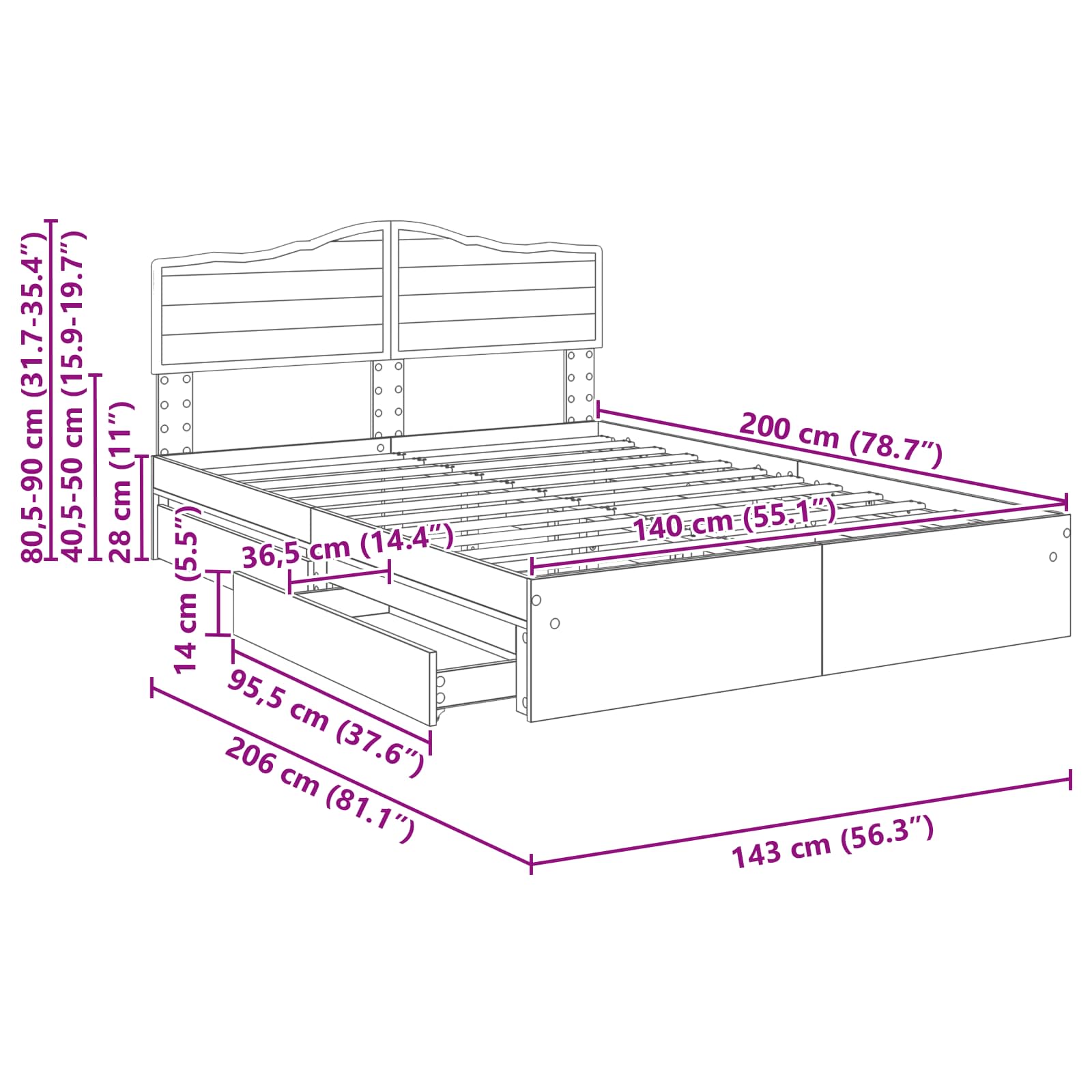Krevet s od storage Siva Sonoma 140 x 200 cm Konstruirano drvo