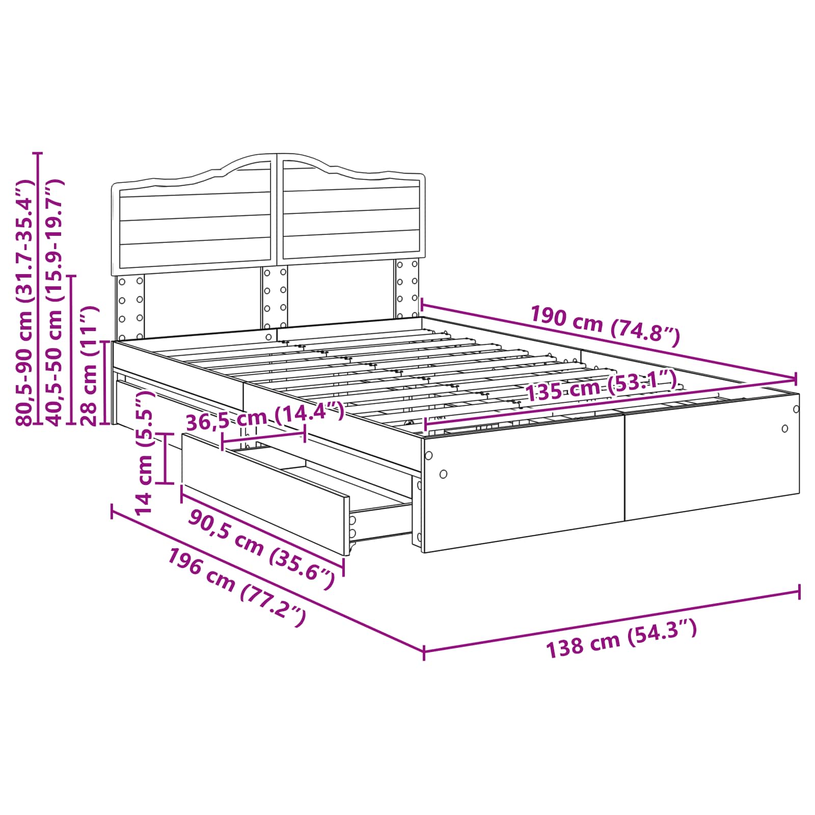 Krevet s od storage Sonoma hrast 135 x 190 cm Konstruirano drvo