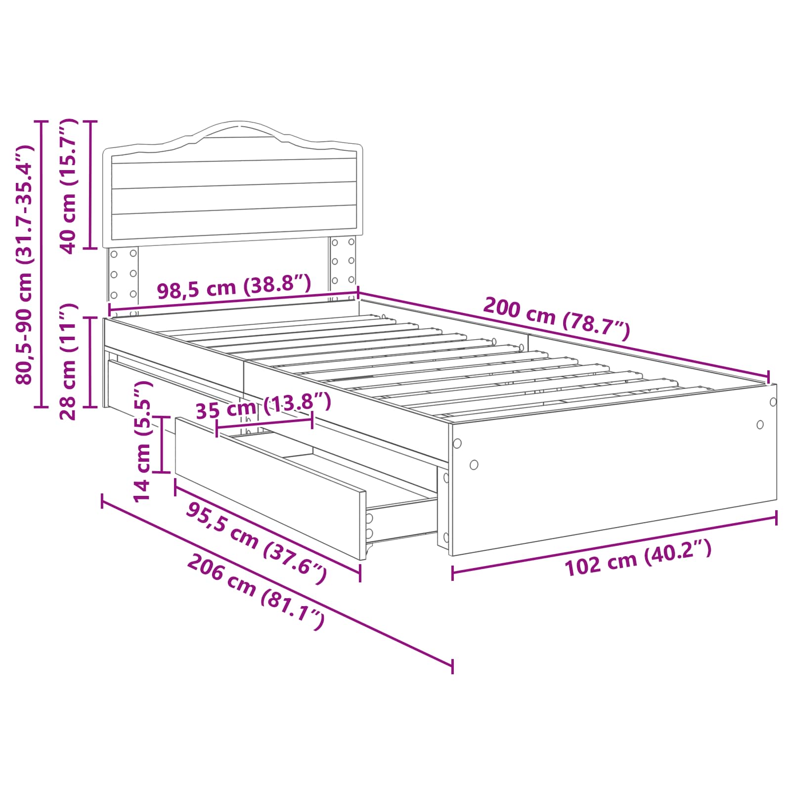 Krevet s od storage Sonoma hrast 100 x 200 cm Konstruirano drvo