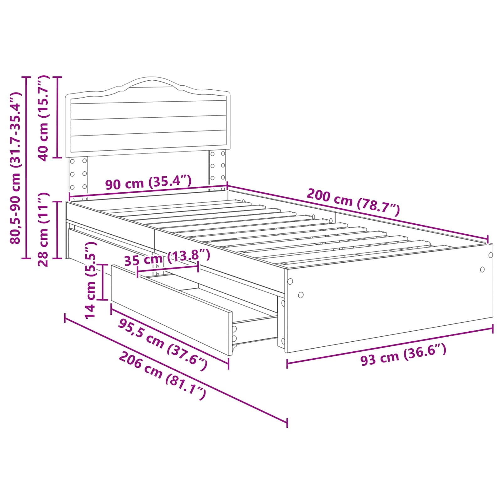 Krevet s od storage Sonoma hrast 90 x 200 cm Konstruirano drvo