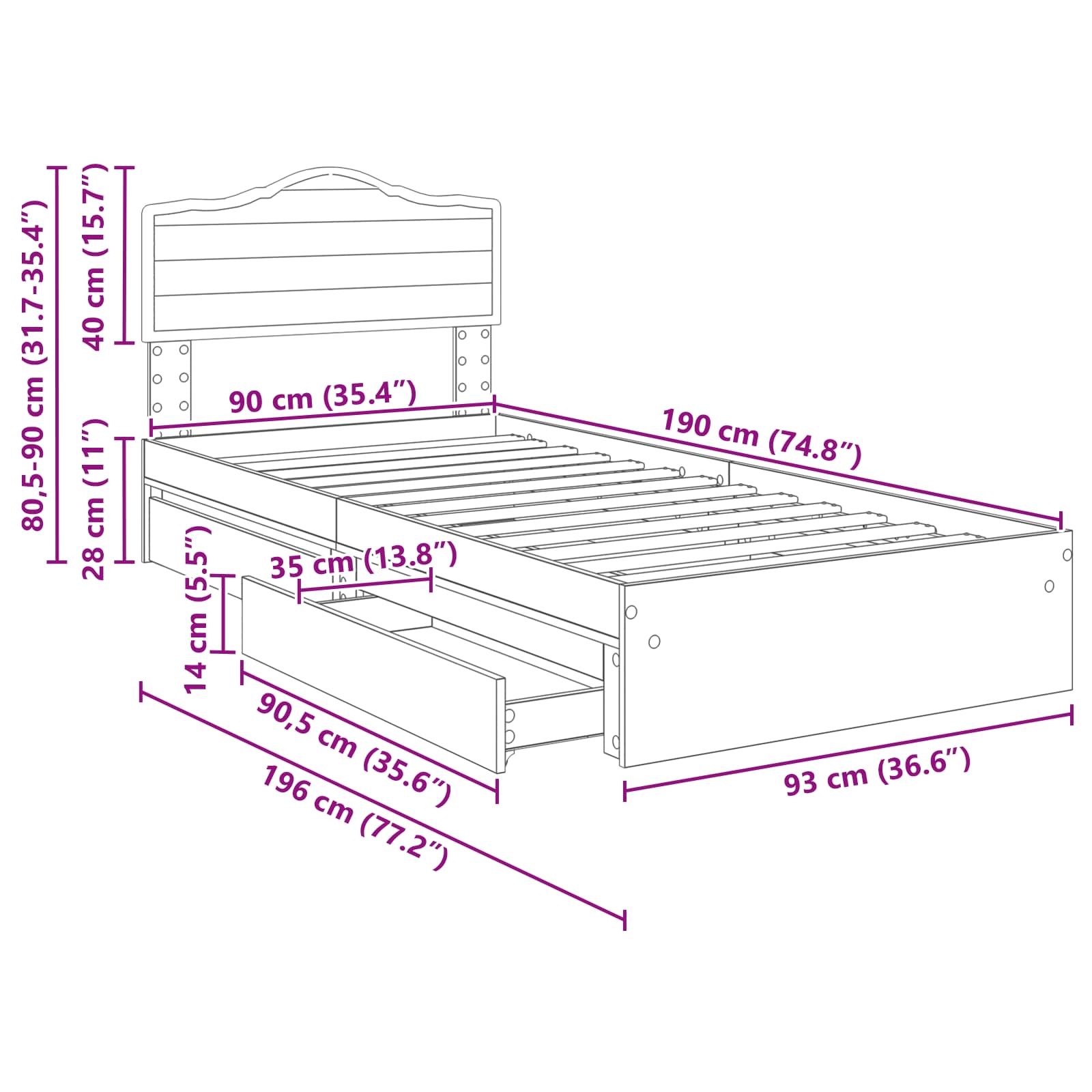 Krevet s od storage Betonski sivi 90 x 190 cm Konstruirano drvo