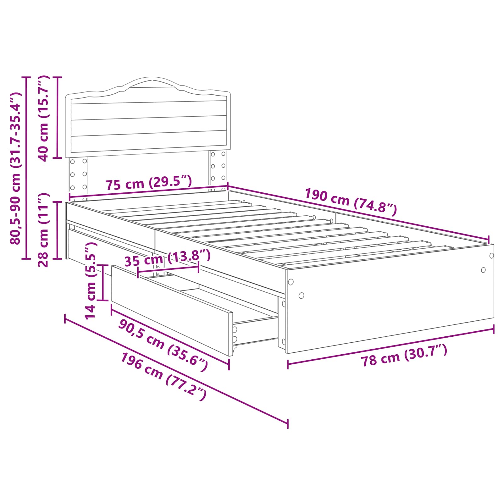 Krevet s od storage Bijelo 70 x 190 cm Konstruirano drvo