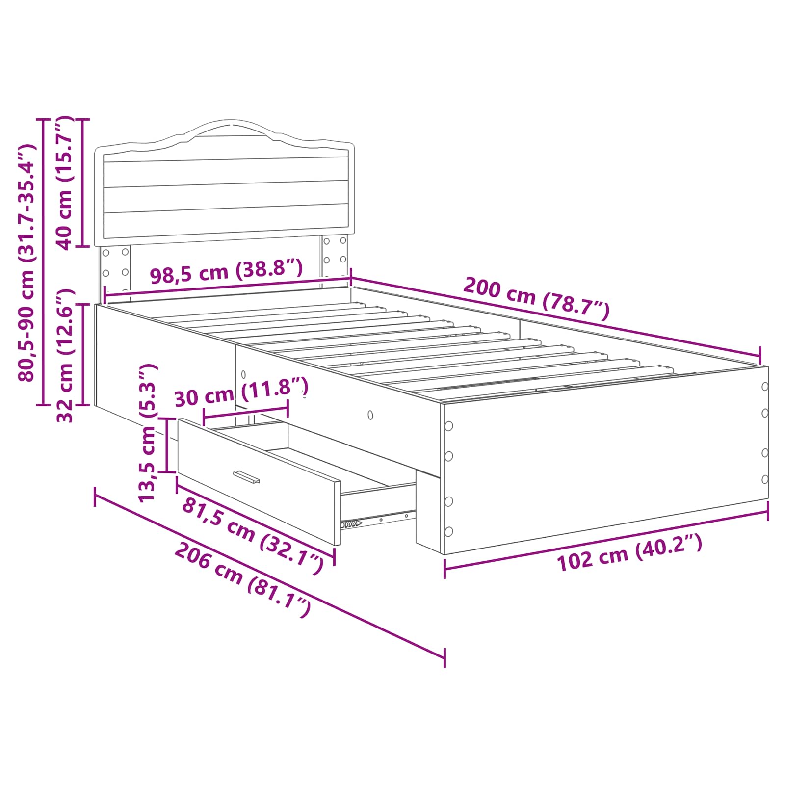Krevetna konstrukcija s uzglavljem Sonoma hrast 100 x 200 cm