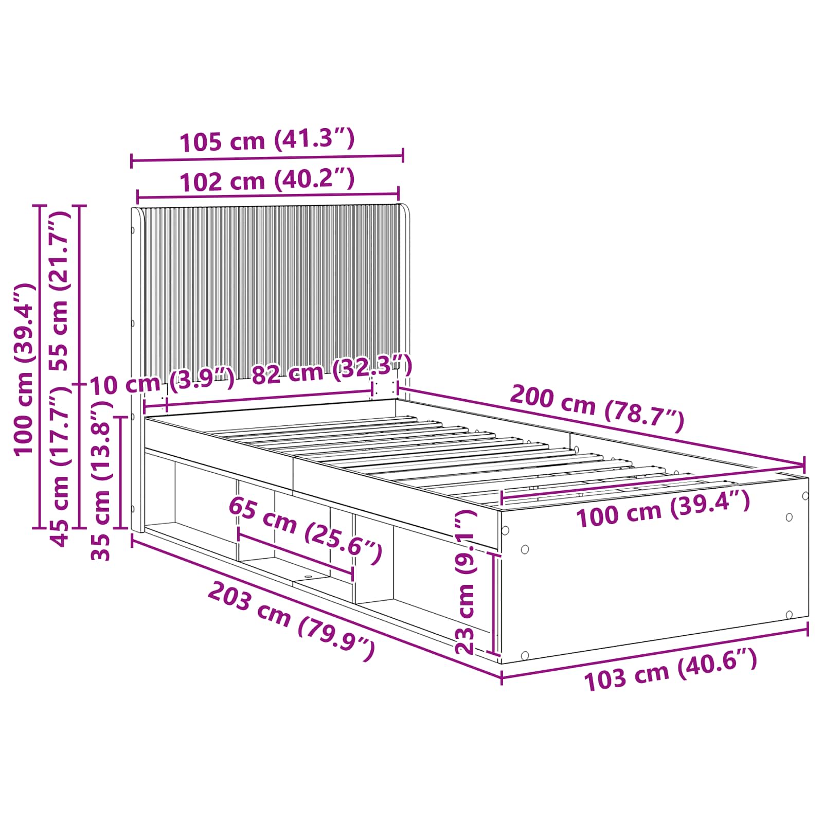 Krevetna konstrukcija s pohranom i uzglavljem Crna 100 x 200 cm