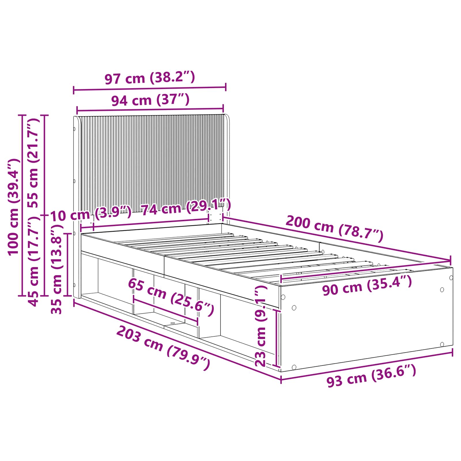 Krevetna konstrukcija s pohranom i uzglavljem Crna 90 x 200 cm