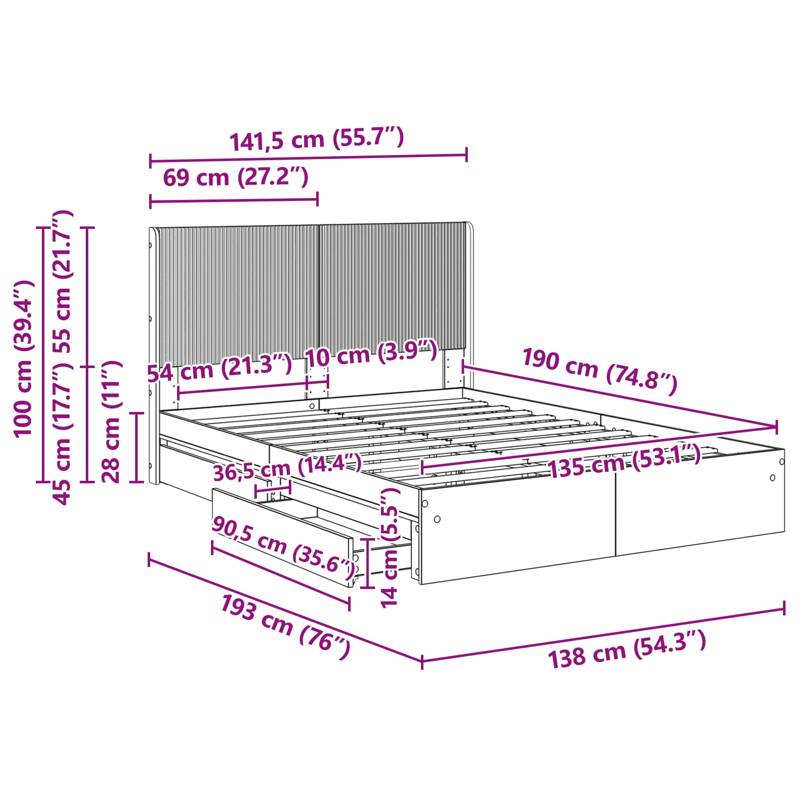 Krevetna konstrukcija s pohranom i uzglavljem Dimljeni hrast