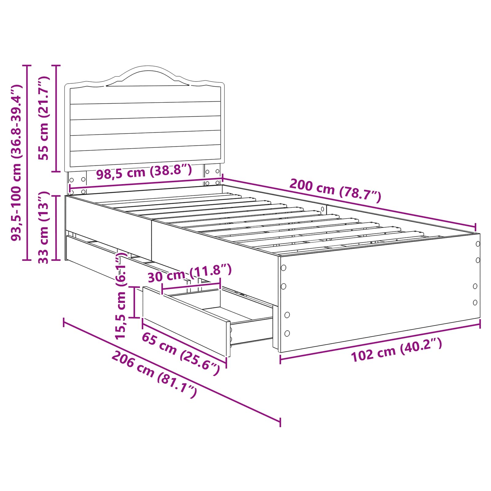 Krevetna konstrukcija s ladicama Sonoma hrast 100 x 200 cm