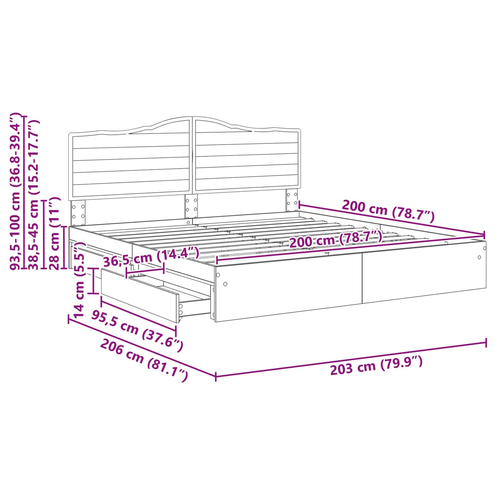 Krevet s od storage Crna 200 x 200 cm Konstruirano drvo