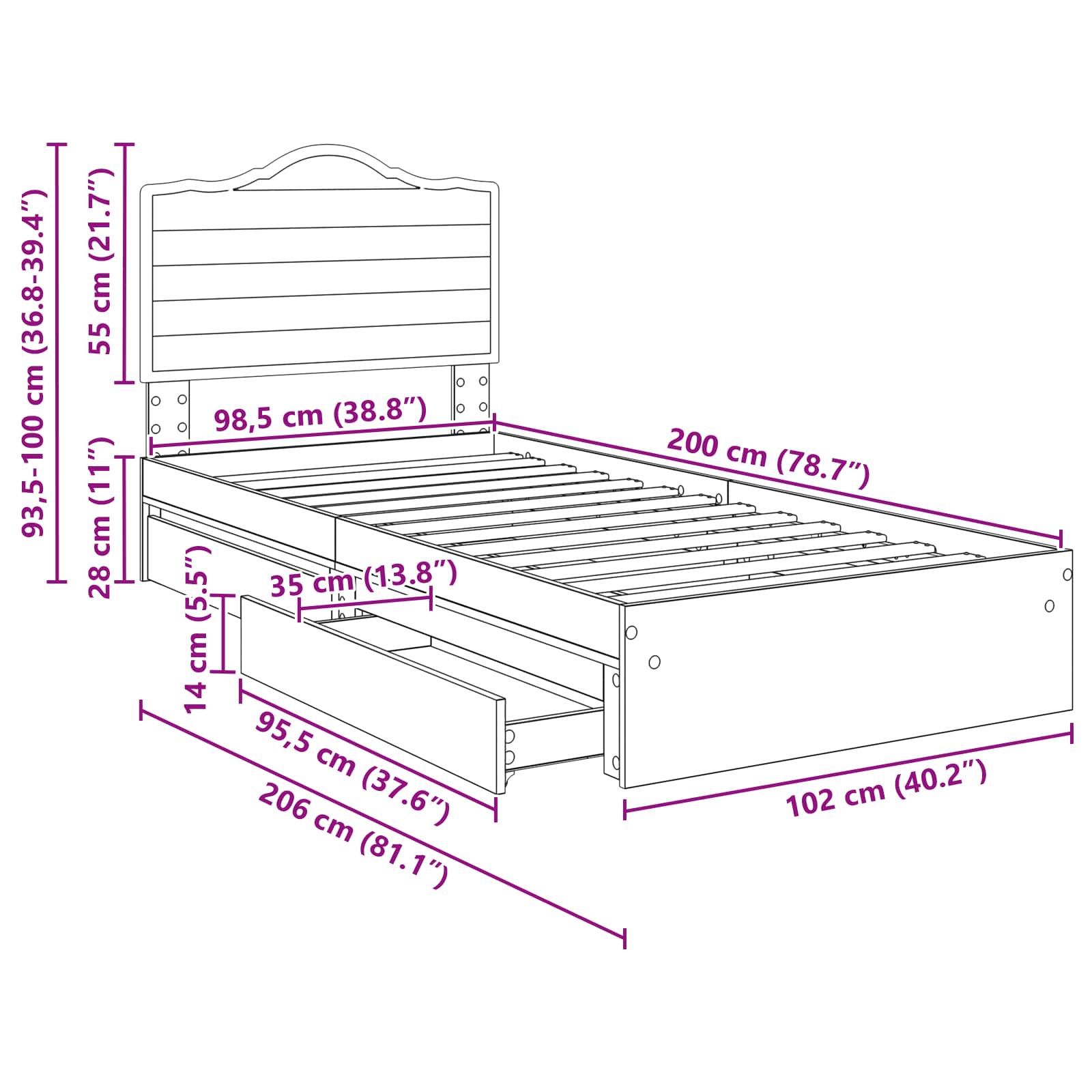 Krevet s od storage Siva Sonoma 100 x 200 cm Konstruirano drvo
