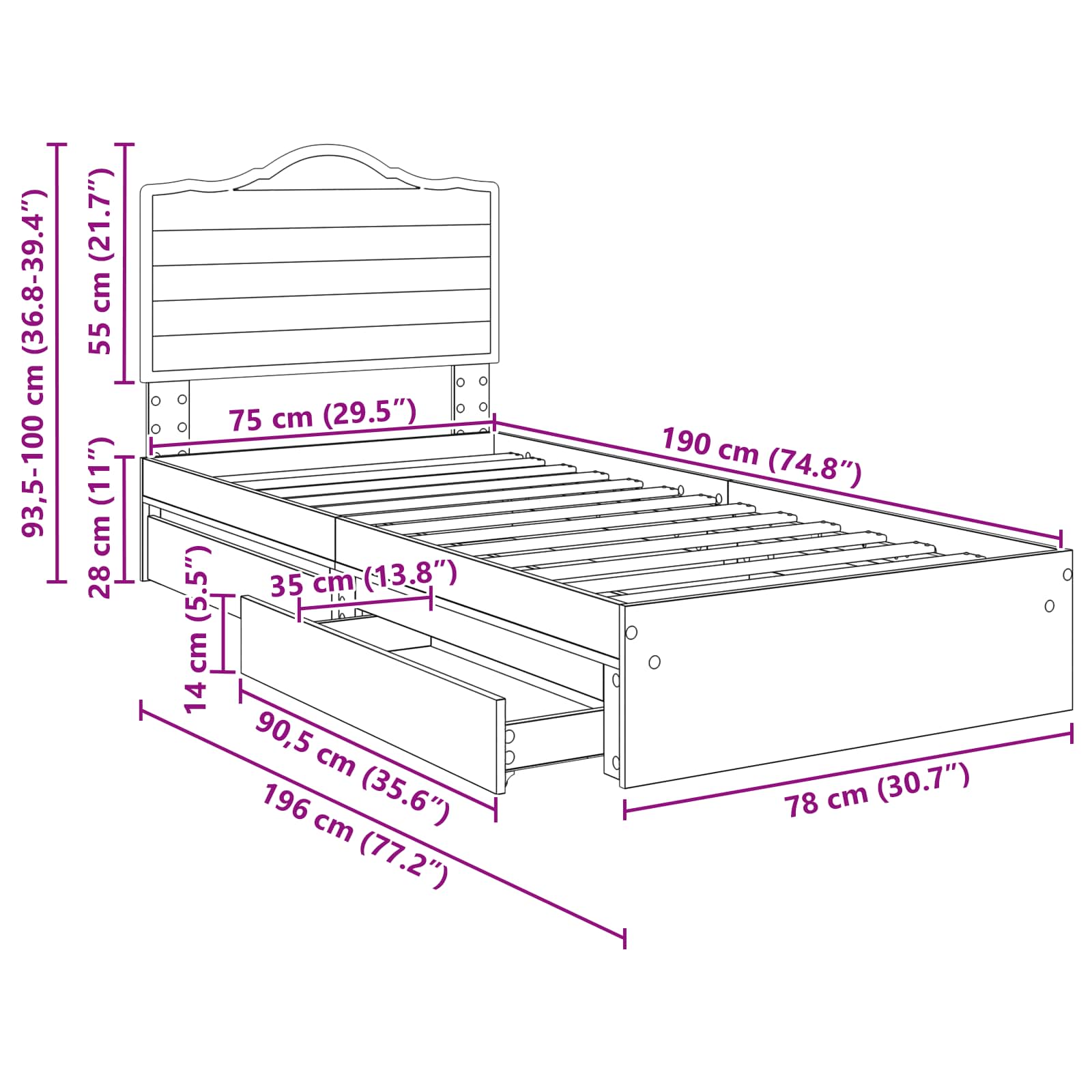 Krevet s od storage s ladicama Dimljeni hrast 70 x 190 cm