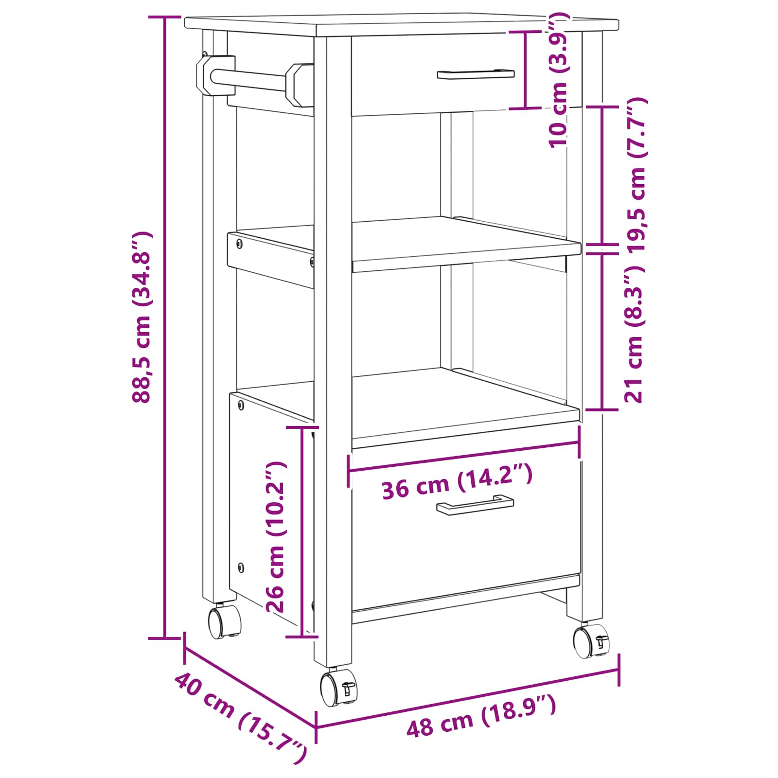 Kuhinjski kolica MONZA Crna 48 x 40 x 88,5 cm