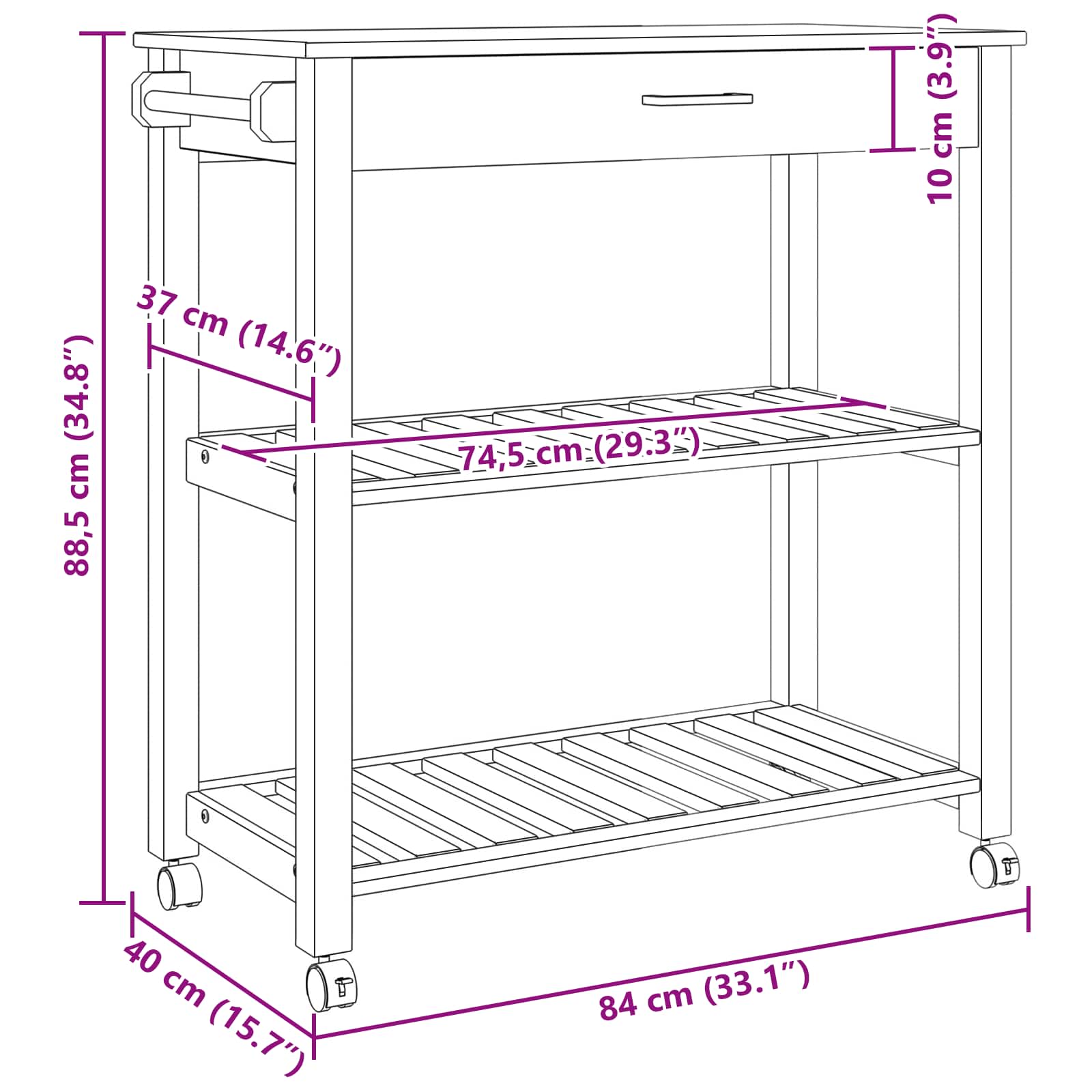 Kuhinjski kolica MONZA Crna 84 x 40 x 88,5 cm