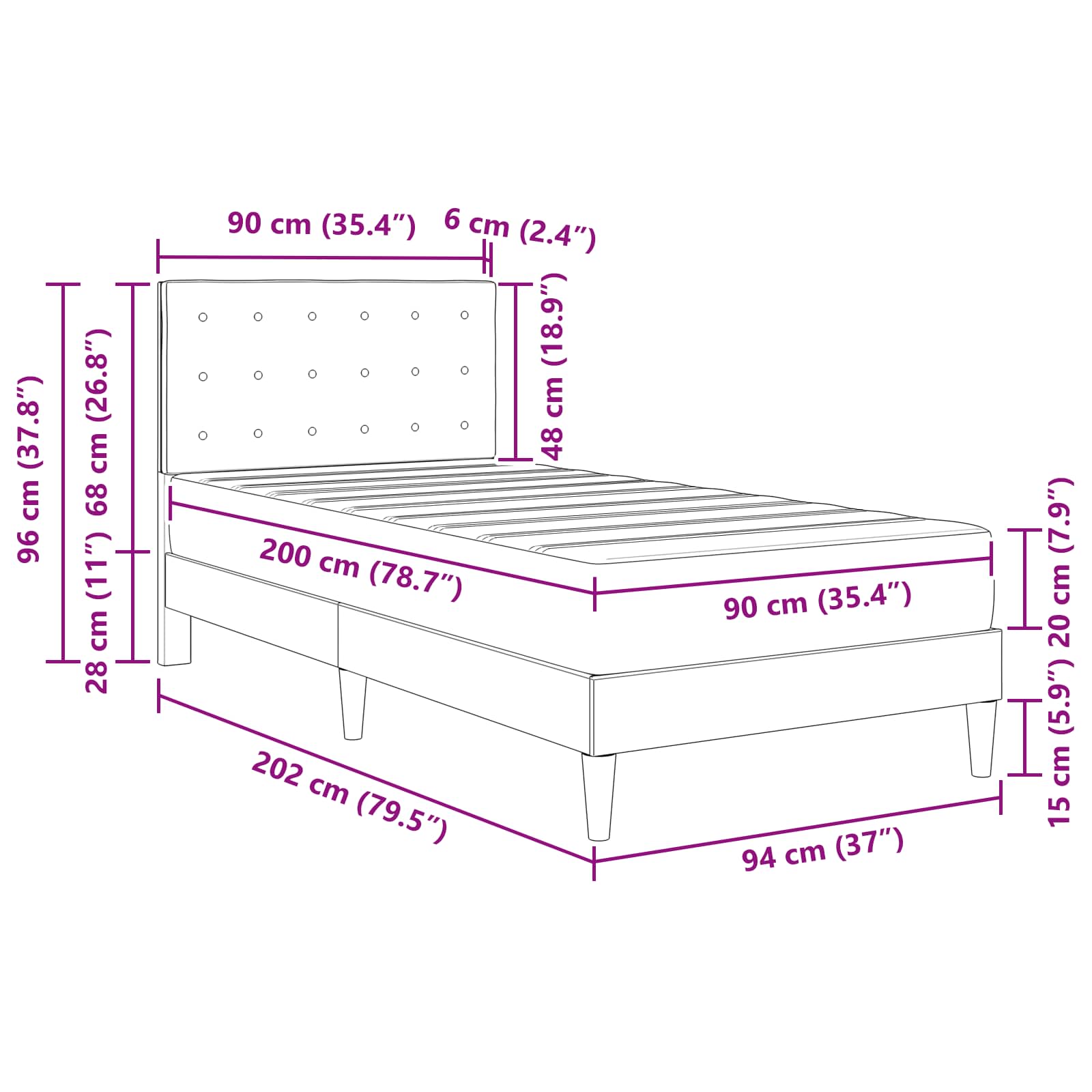 Okvir kreveta s madracem s uzglavljem Crna 90 x 200 cm tkanina