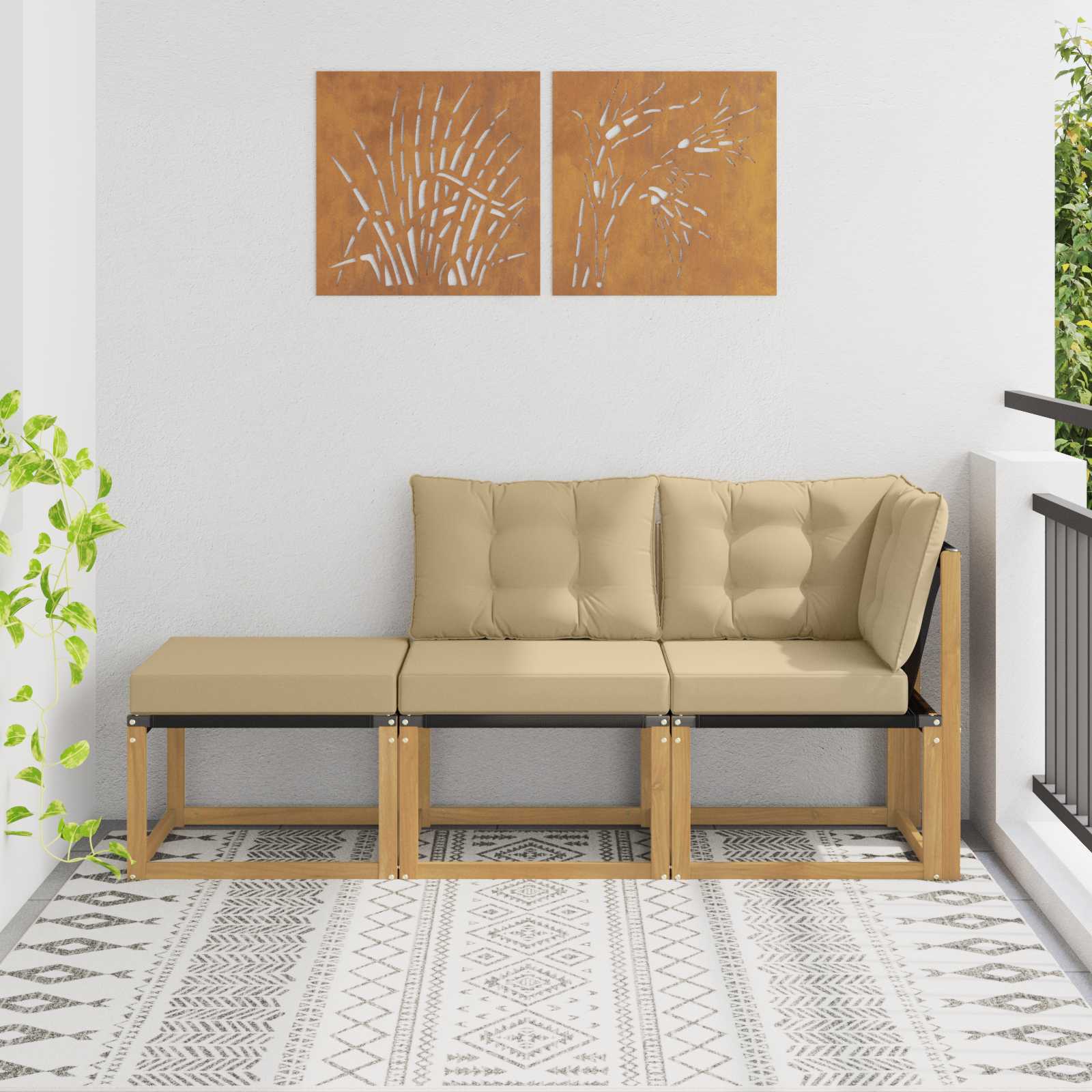 3 kom. Sekcionalna sofa Masivno bagremovo drvo, Tekstilen