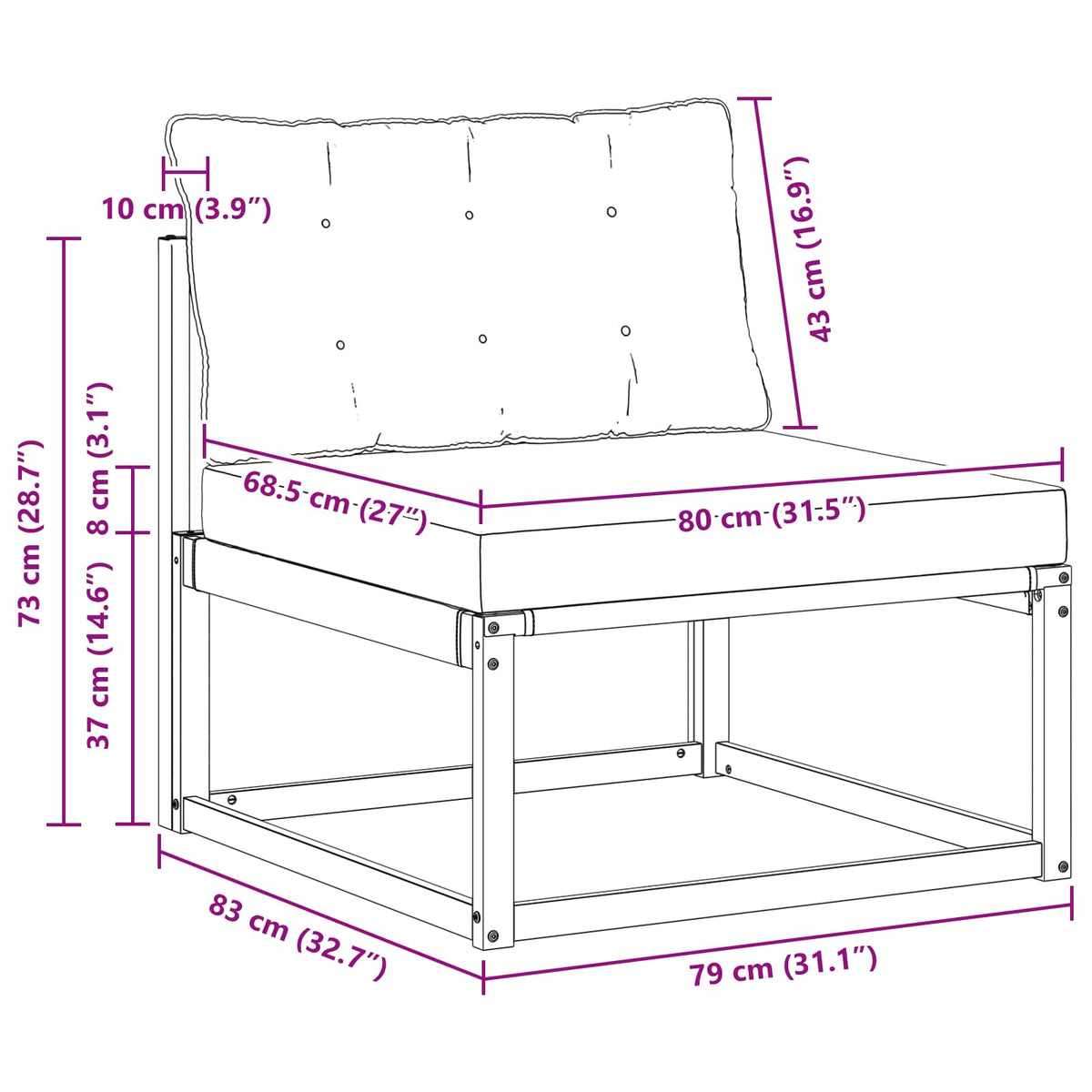 Srednja sofa za van s jastukom Bijela 79 x 83 x 73 cm čelik