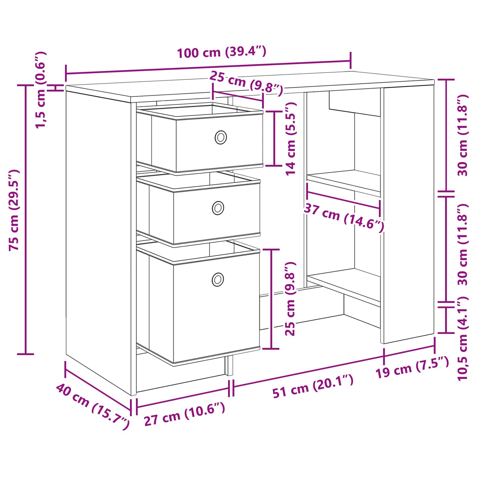 Stol s ladicama Bijelo 100 x 40 x 75 cm Konstruirano drvo