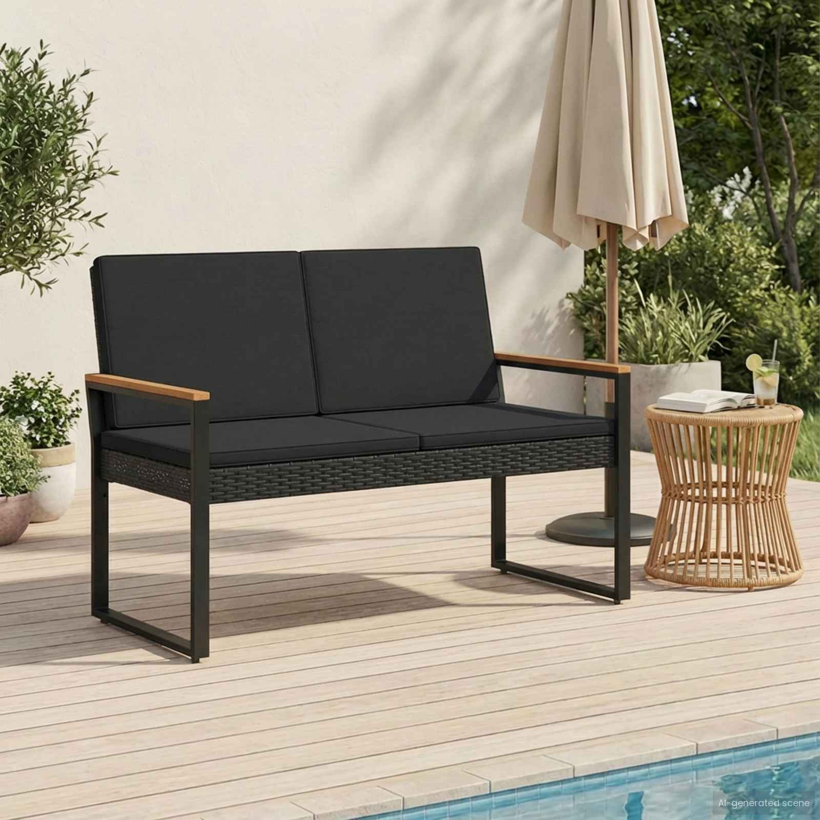 Vanjska klupa s jastukom Crna 107 x 61 x 80 cm poliratan