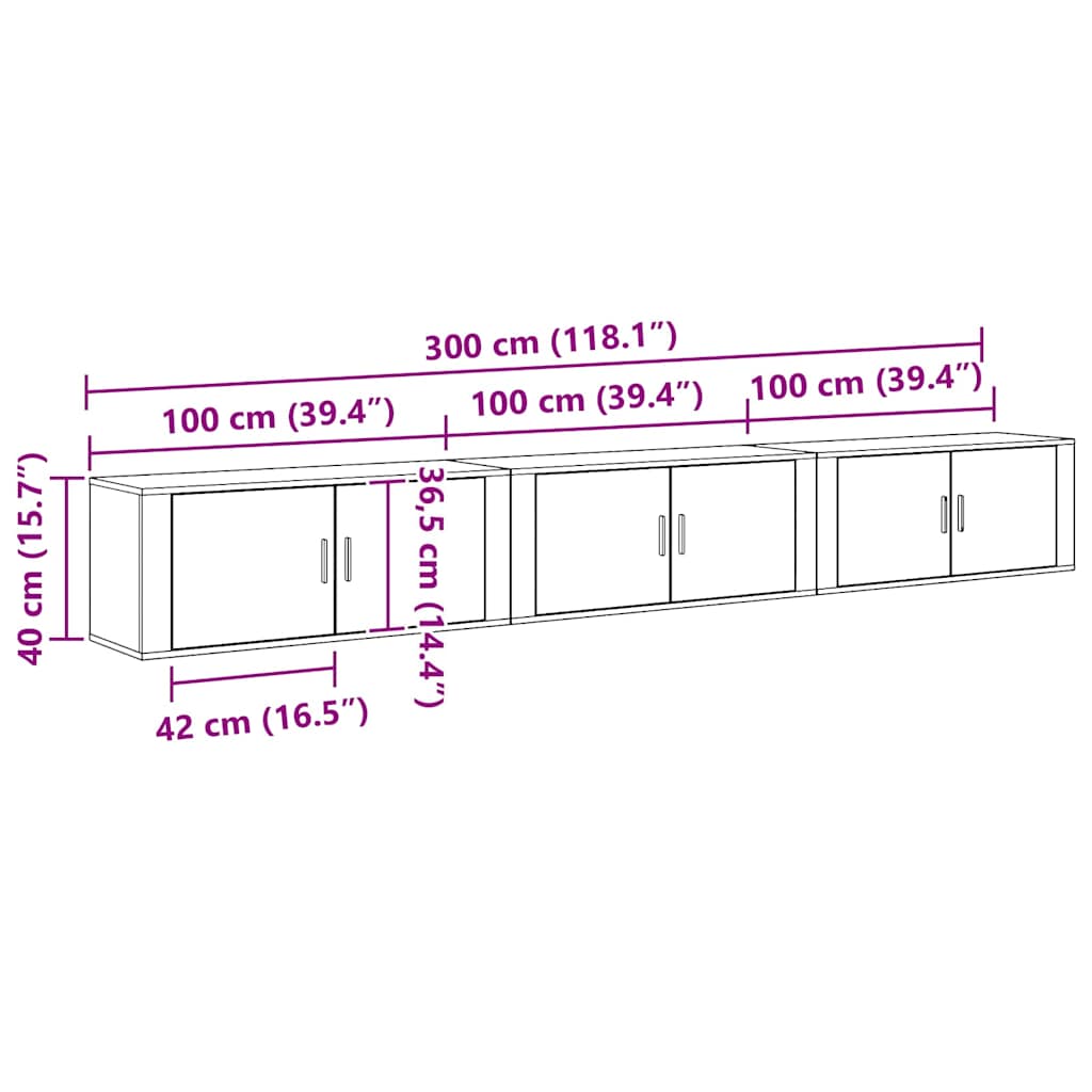 Zidni TV ormar set 3 pcs Umjetnički hrast 100 x 34,5 x 40 cm