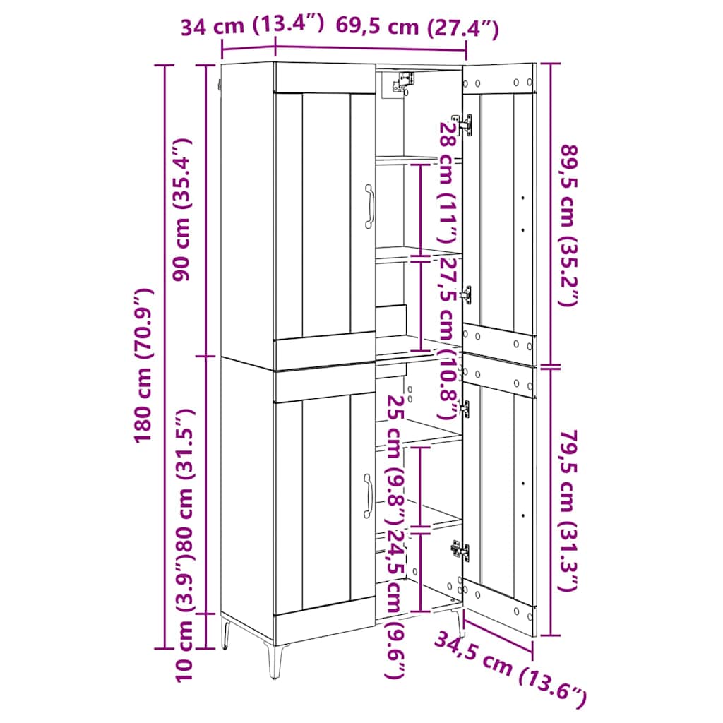 Highboard Zidne Staro drvo 69,5 x 34 x 180 cm Konstruirano drvo