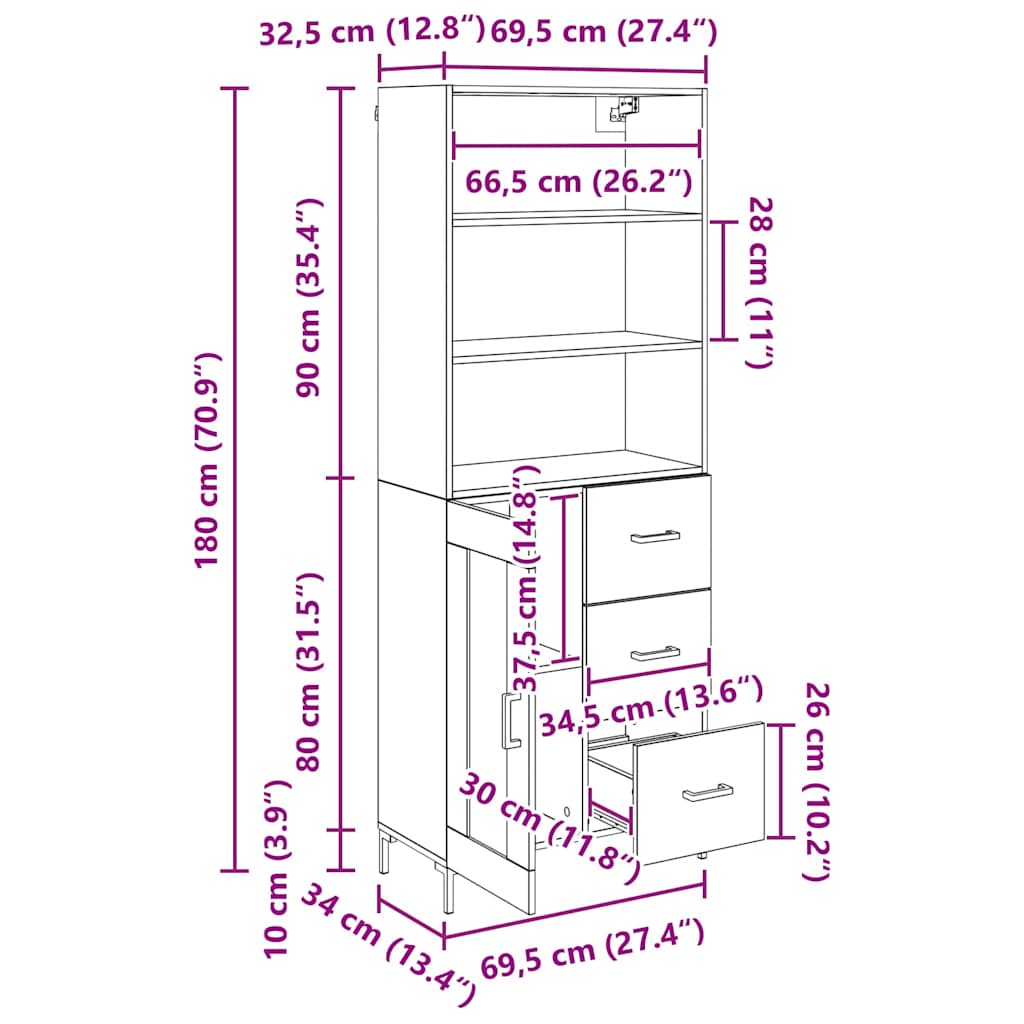 Highboard Staro drvo 69,5 x 34 x 180 cm Konstruirano drvo