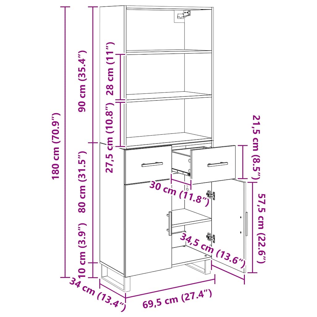 Highboard s ladicama 2 pcs Staro drvo Konstruirano drvo