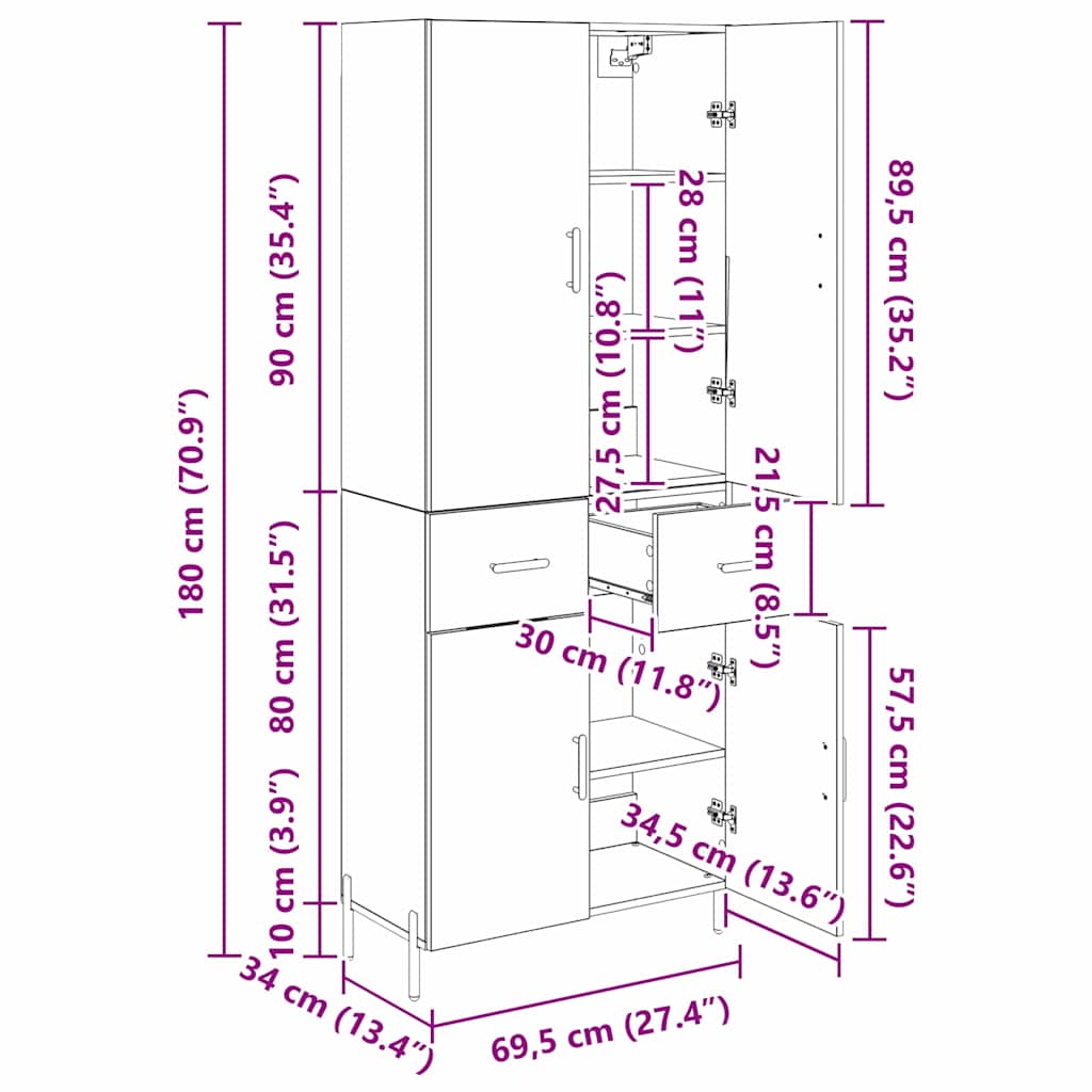 Highboard Staro drvo 69,5 x 34 x 180 cm Konstruirano drvo