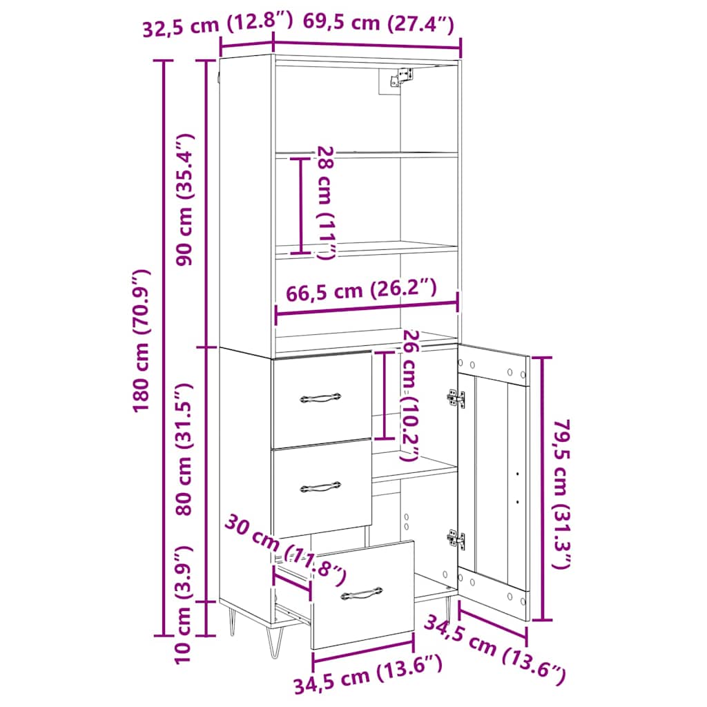 Highboard s ladicama 2 pcs Staro drvo Konstruirano drvo