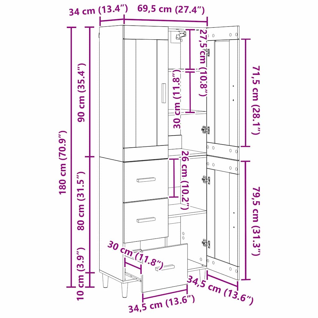 Highboard Staro drvo 69,5 x 34 x 180 cm Konstruirano drvo