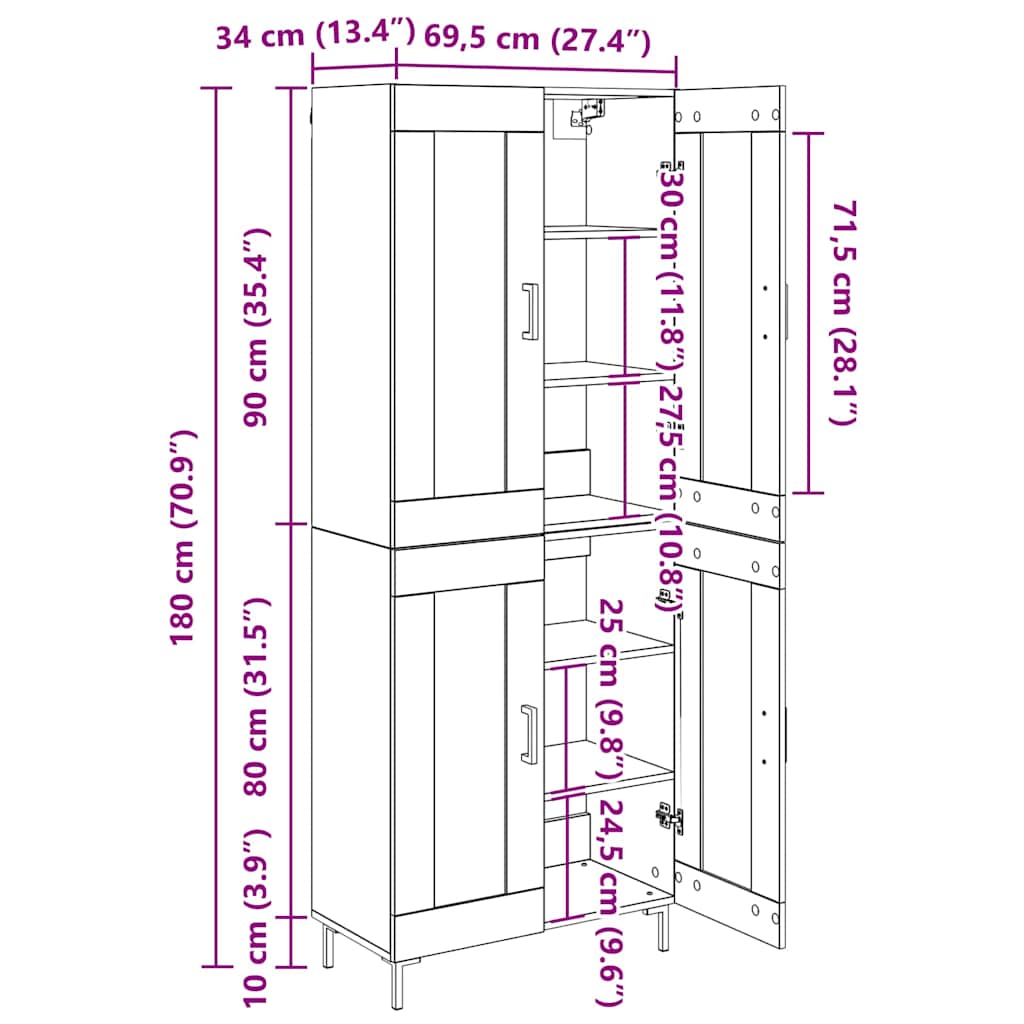 Highboard 2 kom. Staro drvo 69,5 x 34 x 180 cm