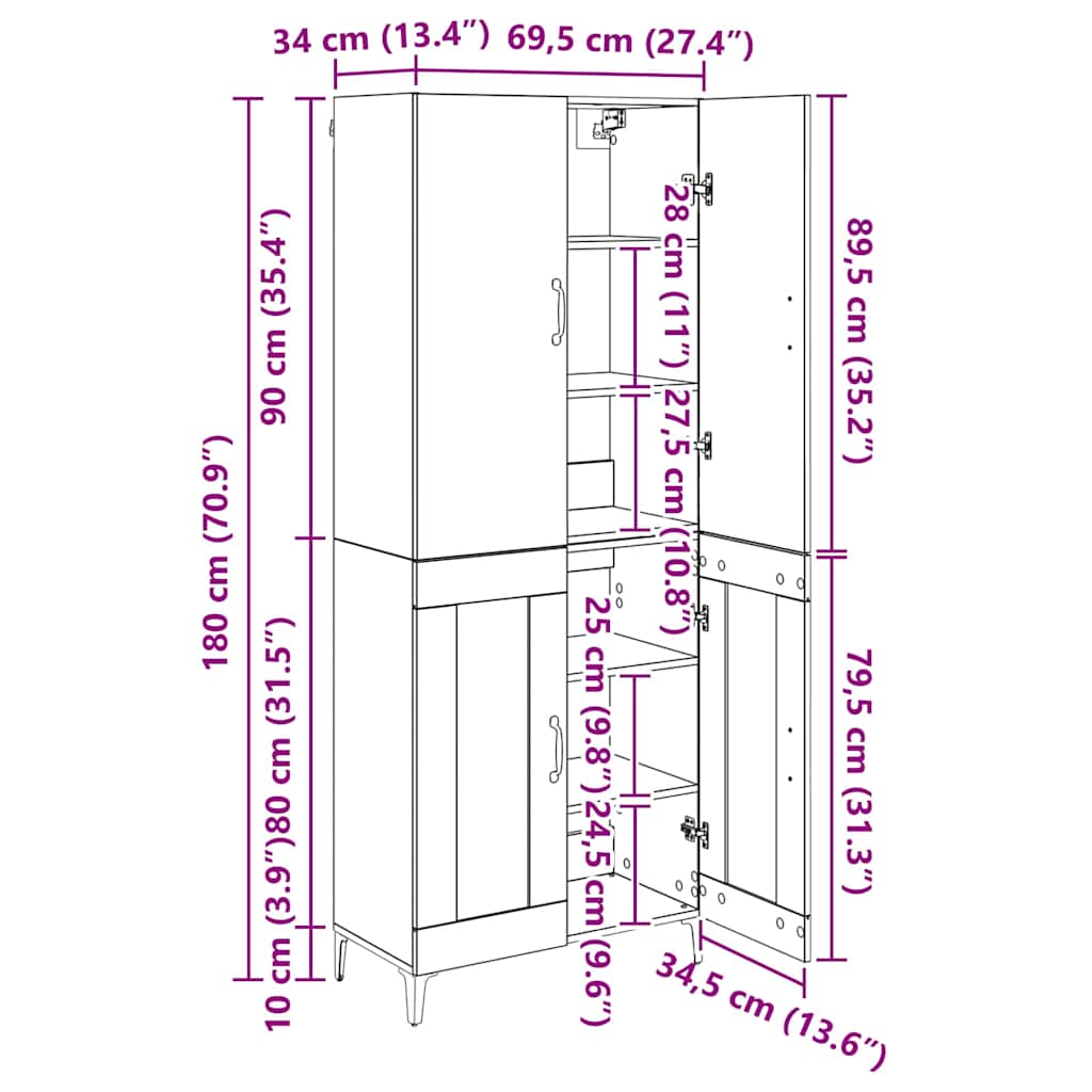 Highboard Zidne Staro drvo 69,5 x 34 x 180 cm Konstruirano drvo