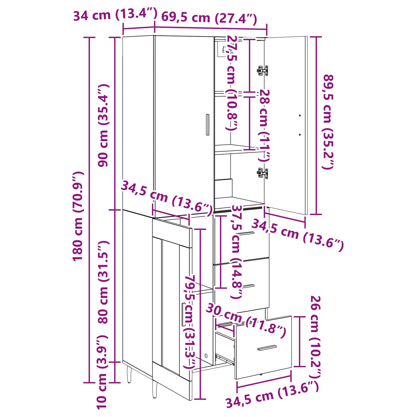 Highboard s ladicama 2 pcs Staro drvo Inženjerska drva i staklo
