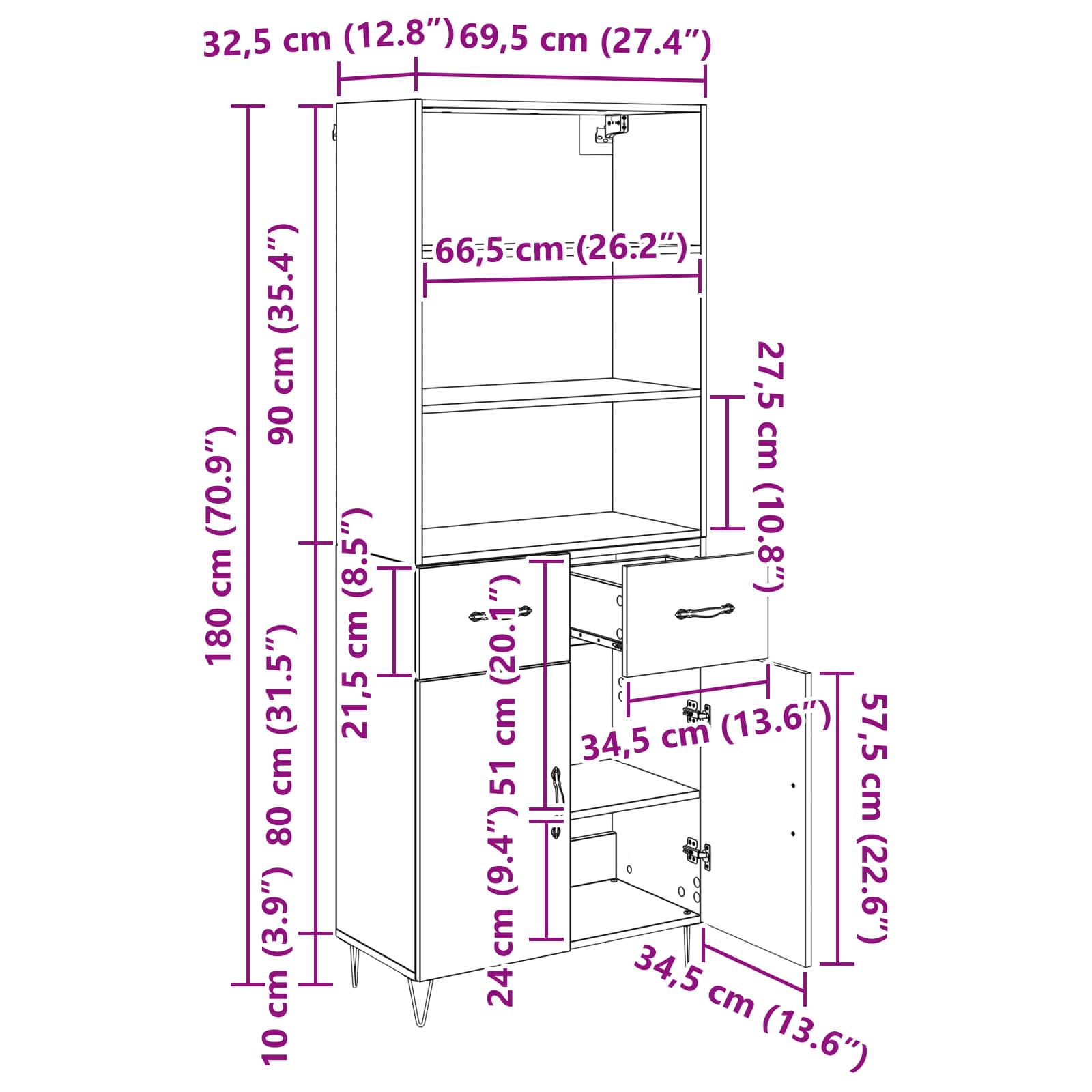Highboard s ladicama 2 pcs Staro drvo Konstruirano drvo