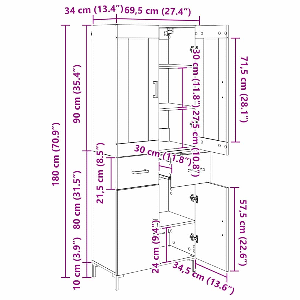 Highboard s ladicama 2 pcs Staro drvo Konstruirano drvo