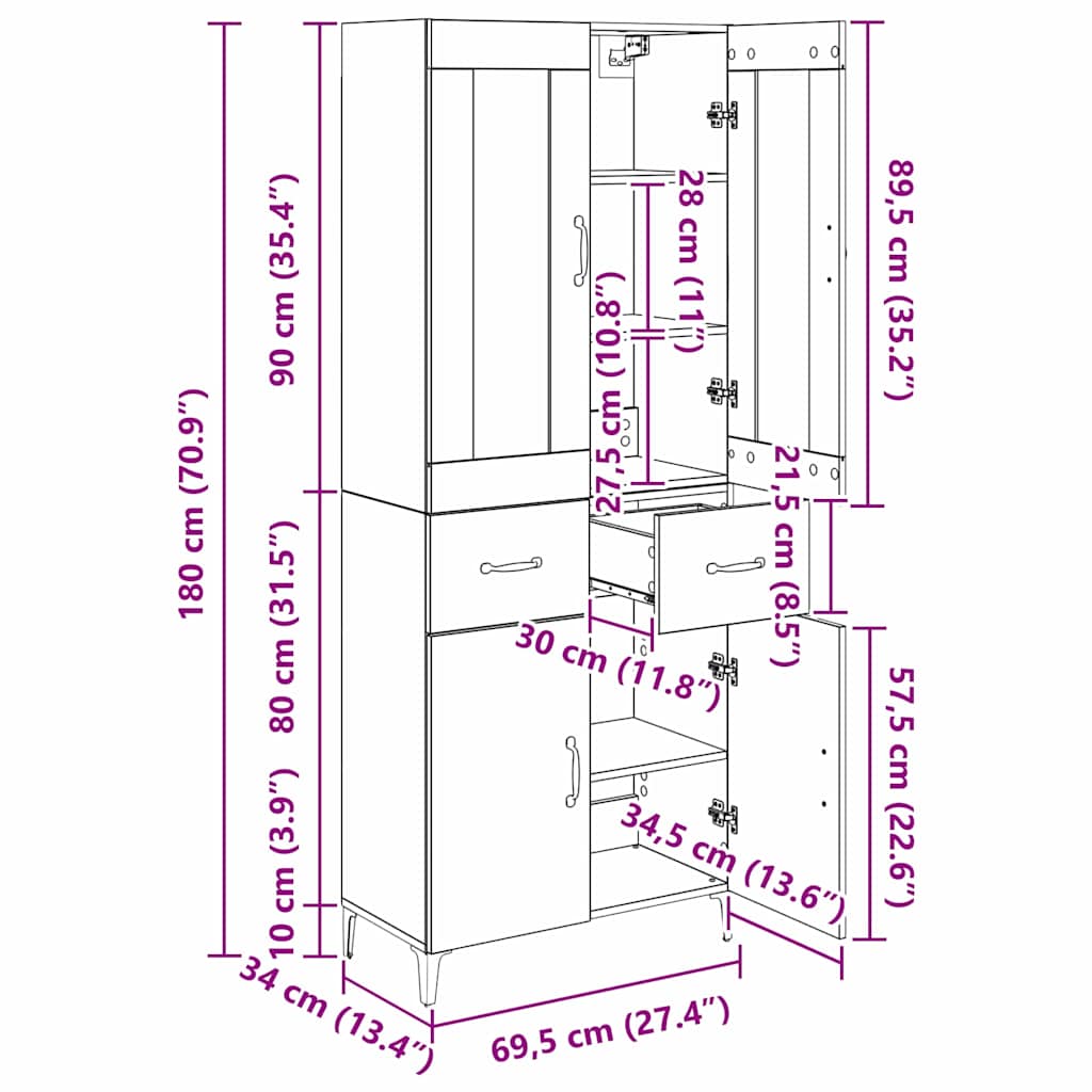 Highboard Zidne Staro drvo 69,5 x 34 x 180 cm Konstruirano drvo