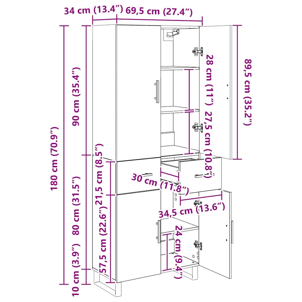 Highboard s ladicama 2 pcs Staro drvo 69,5 x 34 x 180 cm