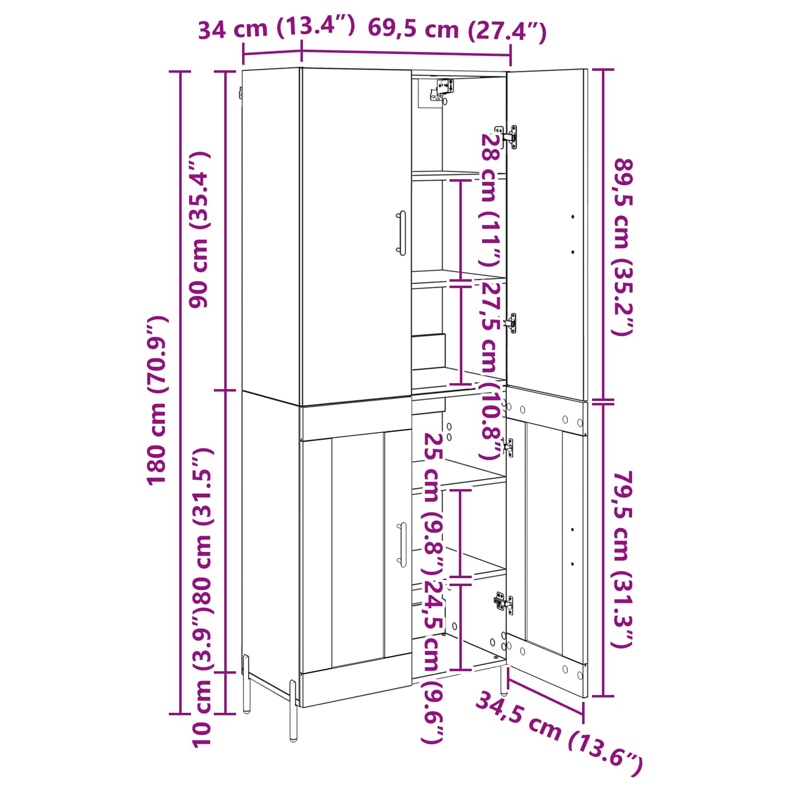 Highboard Zidne Staro drvo 69,5 x 34 x 180 cm Konstruirano drvo