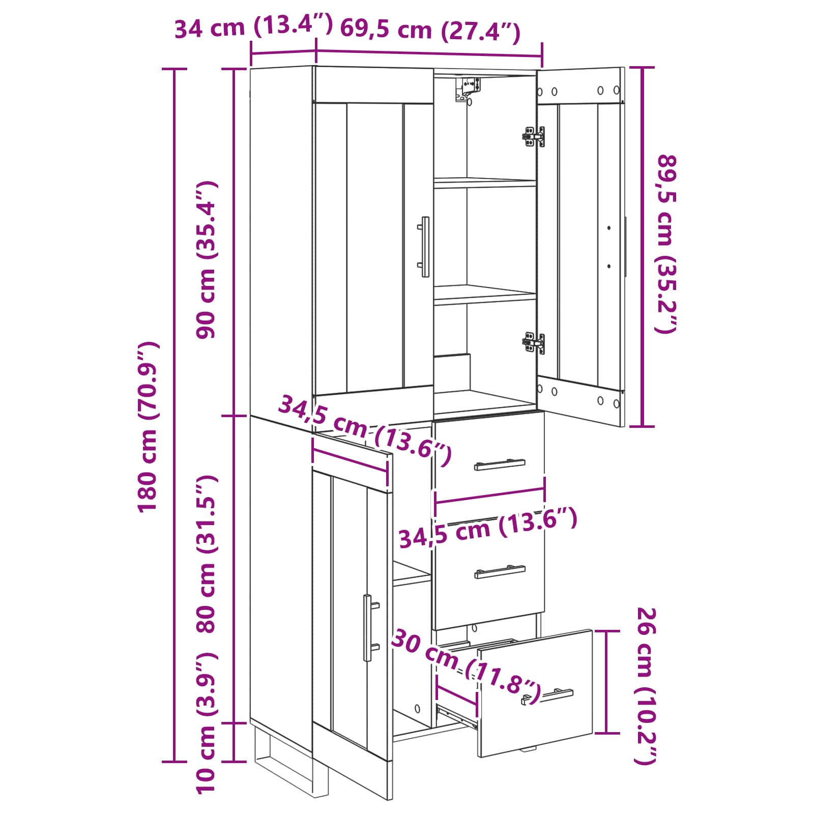 Highboard 2 kom. Staro drvo 69,5 x 34 x 180 cm