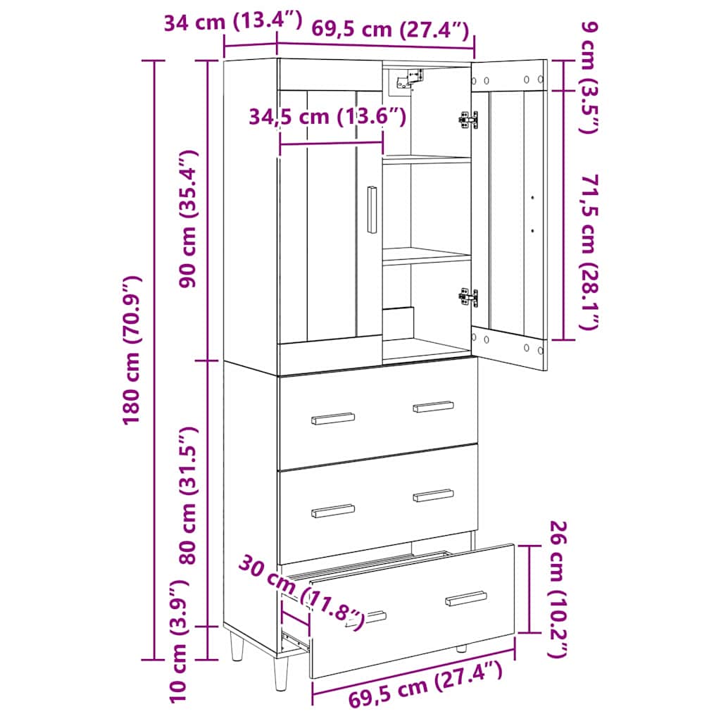 Highboard s ladicama Staro drvo 69,5 x 34 x 180 cm