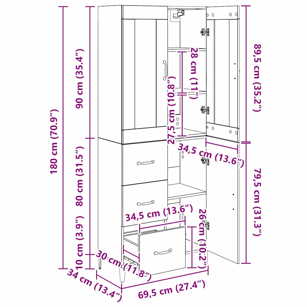 Highboard Staro drvo 69,5 x 34 x 180 cm Konstruirano drvo