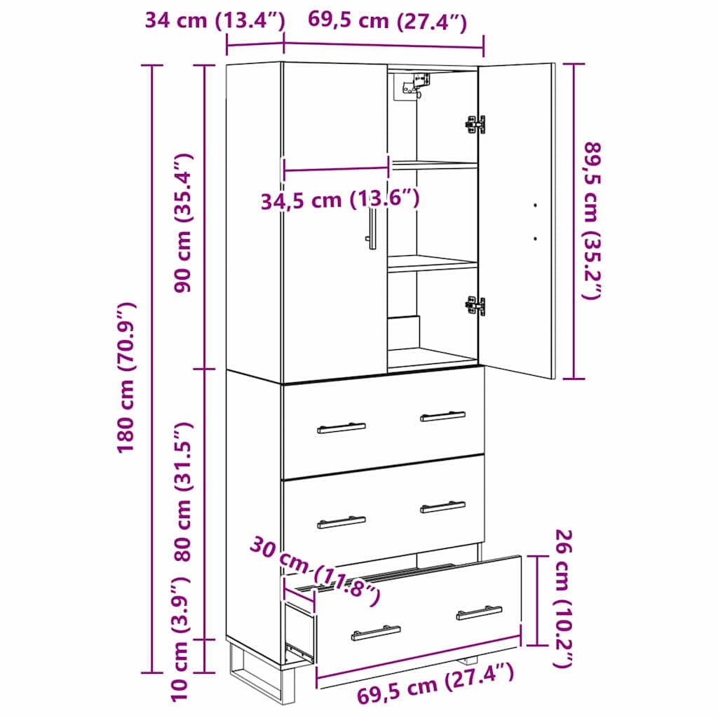 Highboard s ladicama 2 pcs Staro drvo 69,5 x 34 x 180 cm