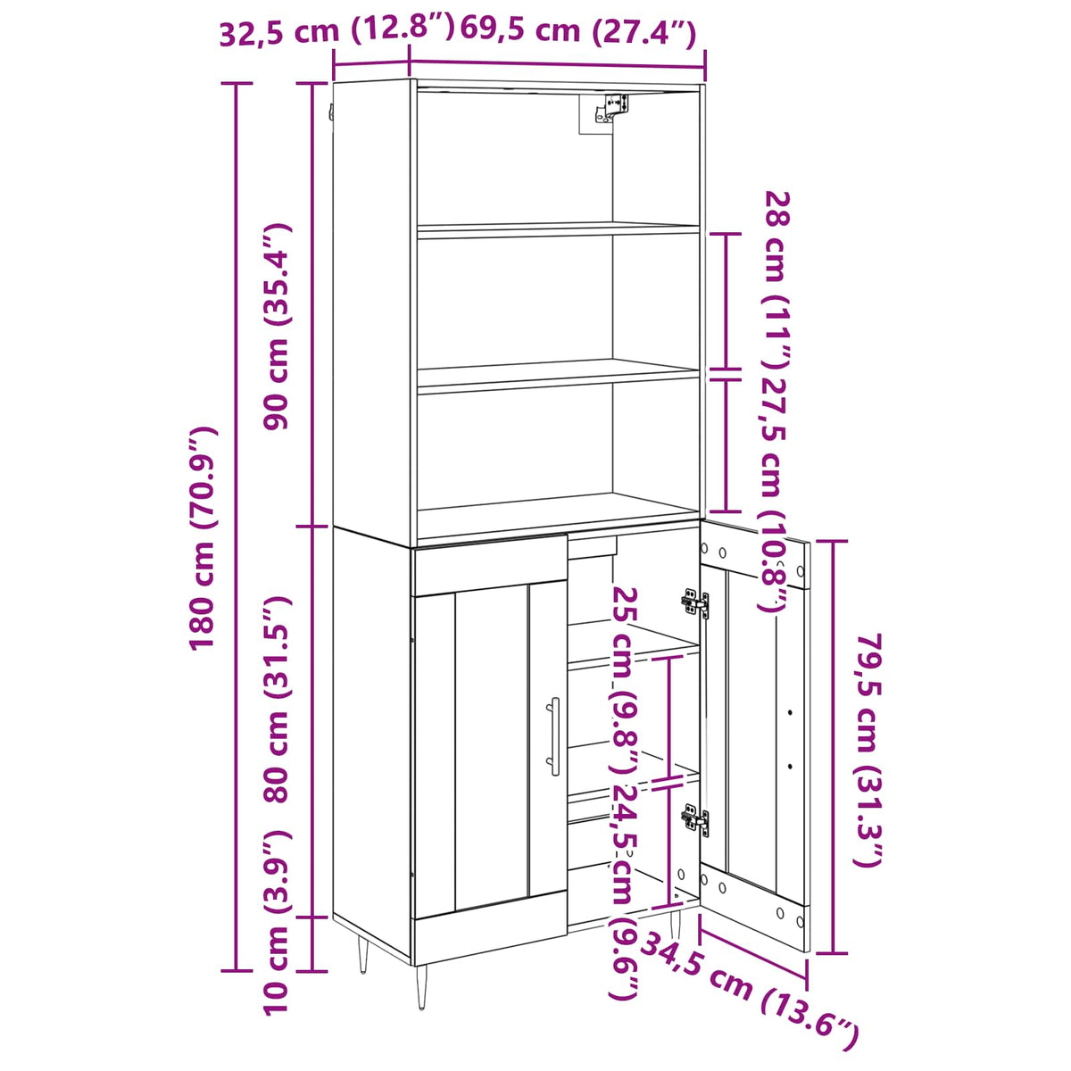 Highboard Staro drvo 69,5 x 34 x 180 cm Konstruirano drvo