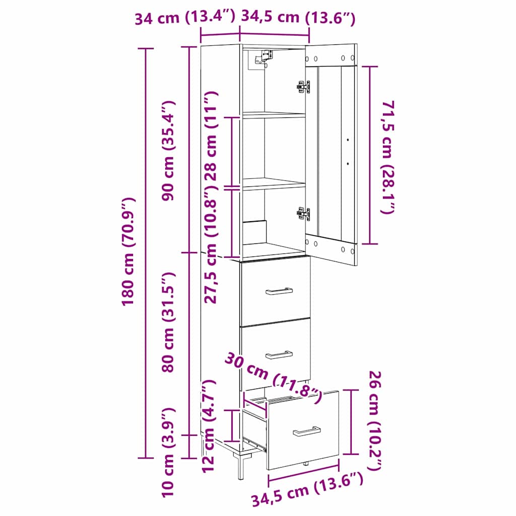 Highboard Umjetnički hrast 34,5 x 34 x 180 cm Konstruirano drvo