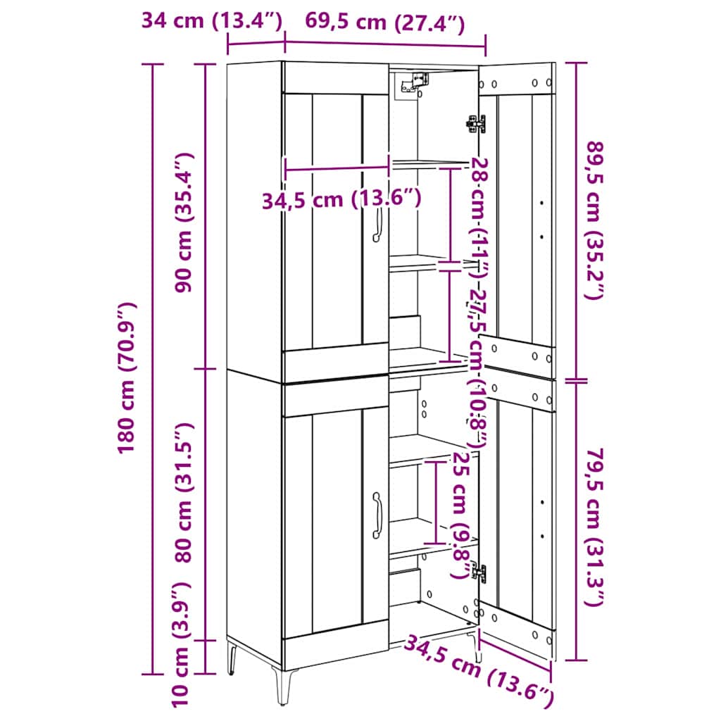 Highboard Umjetnički hrast 69,5 x 34 x 180 cm Konstruirano drvo