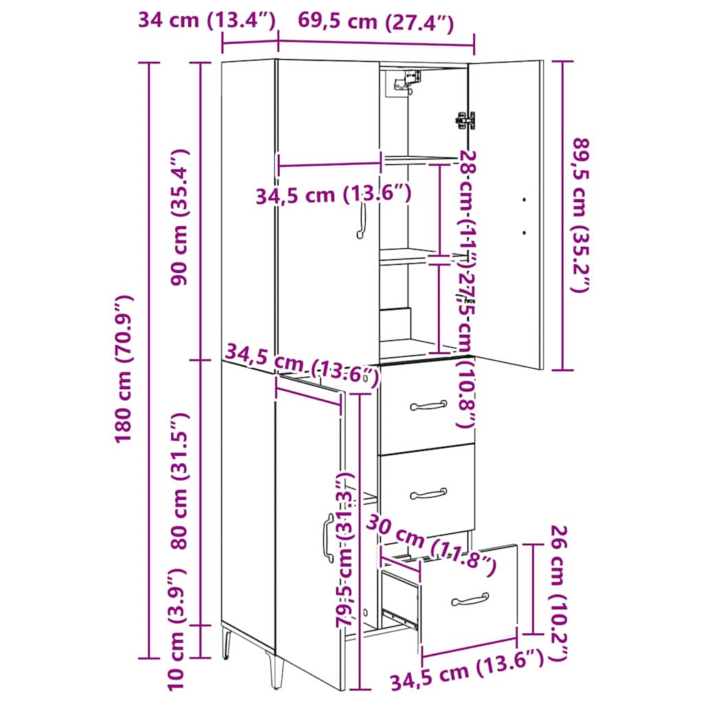 Highboard Umjetnički hrast 69,5 x 34 x 180 cm Konstruirano drvo