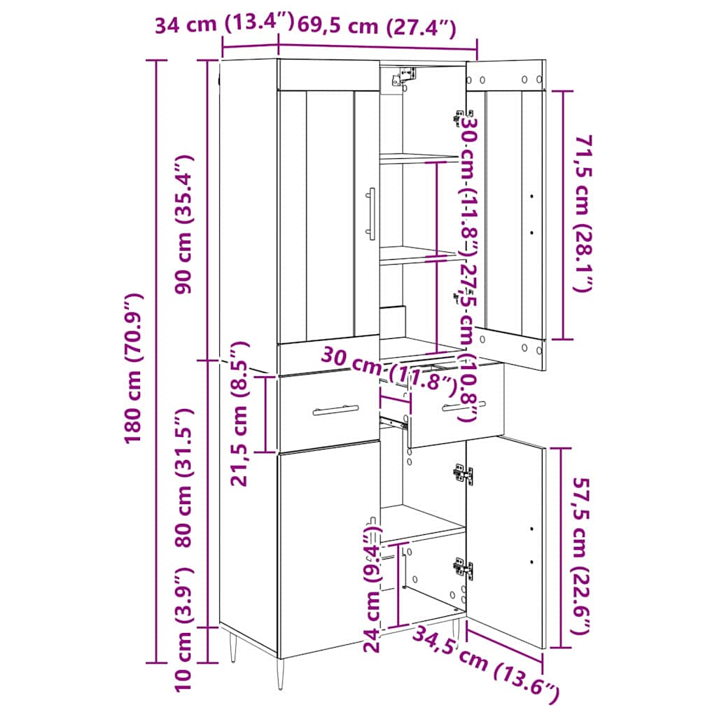 Highboard Umjetnički hrast 69,5 x 34 x 180 cm Konstruirano drvo