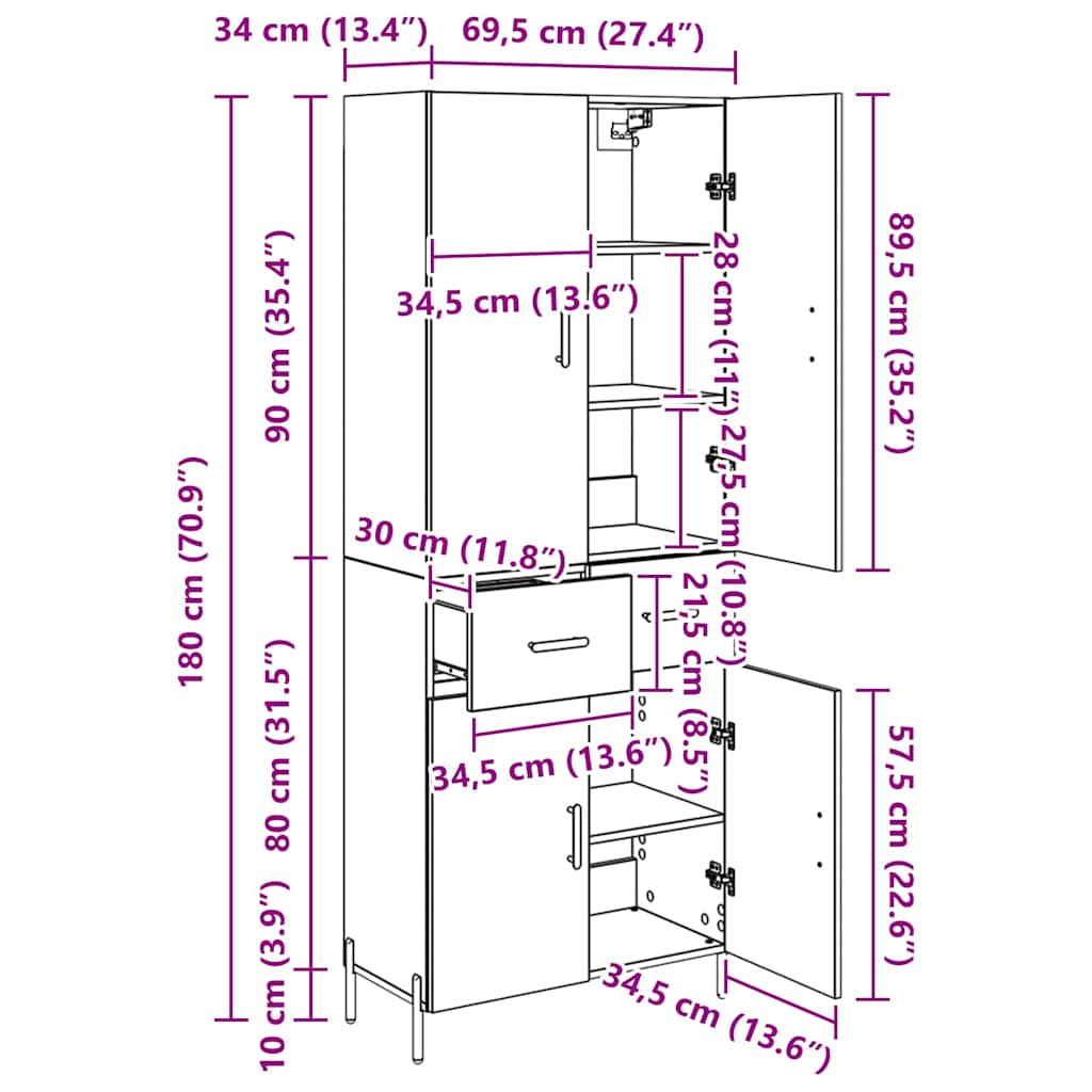 Highboard Umjetnički hrast 69,5 x 34 x 180 cm Konstruirano drvo