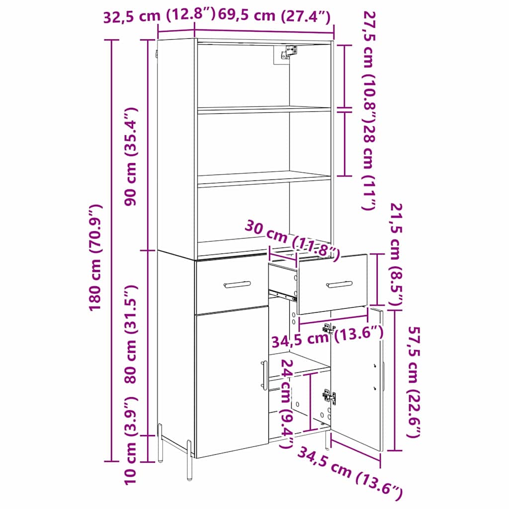 Highboard s ladicama Umjetnički hrast 69,5 x 32,5 x 180 cm